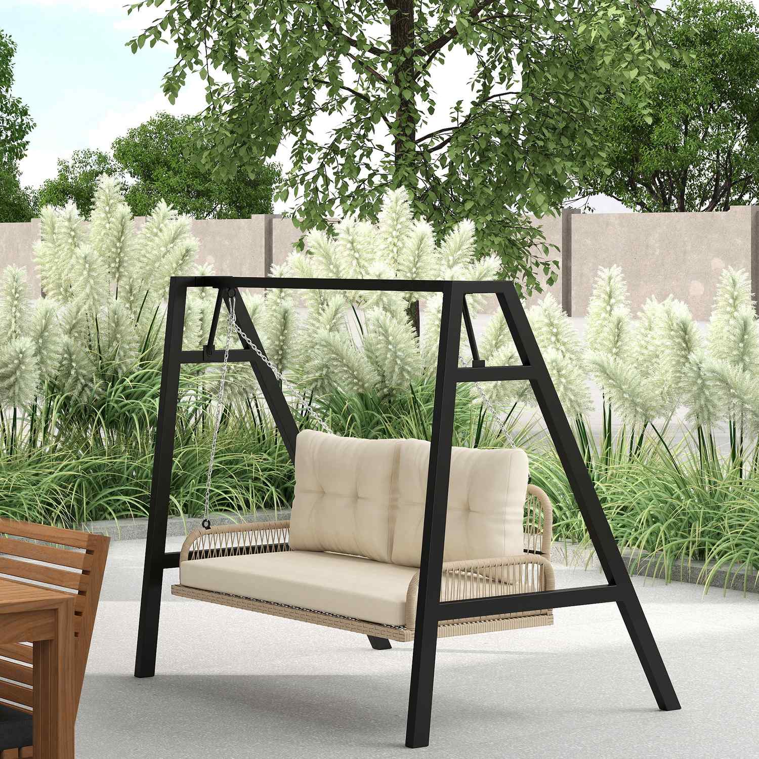 Rotting 2-sits trädgårdsgunga med kuddar, beige