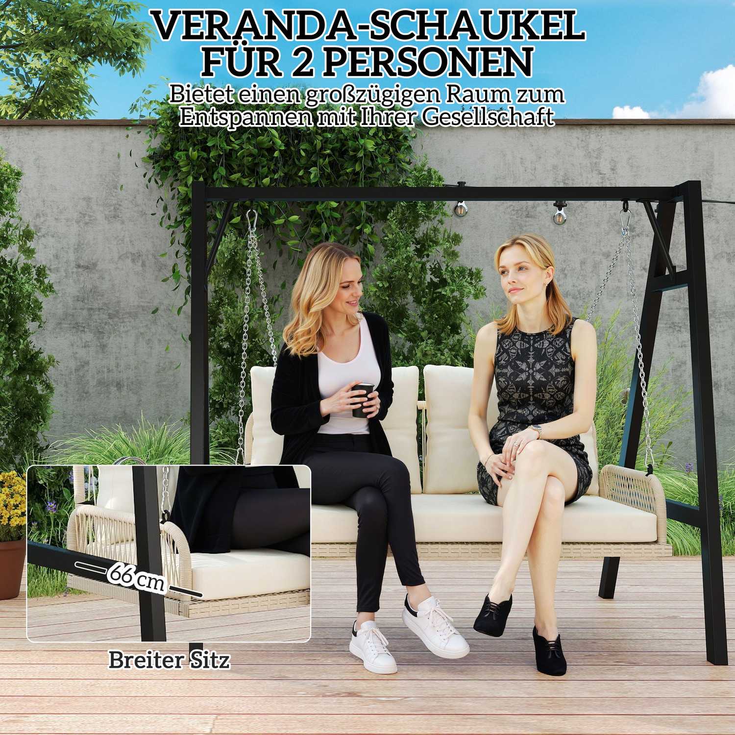 Rotting 2-sits trädgårdsgunga med kuddar, beige