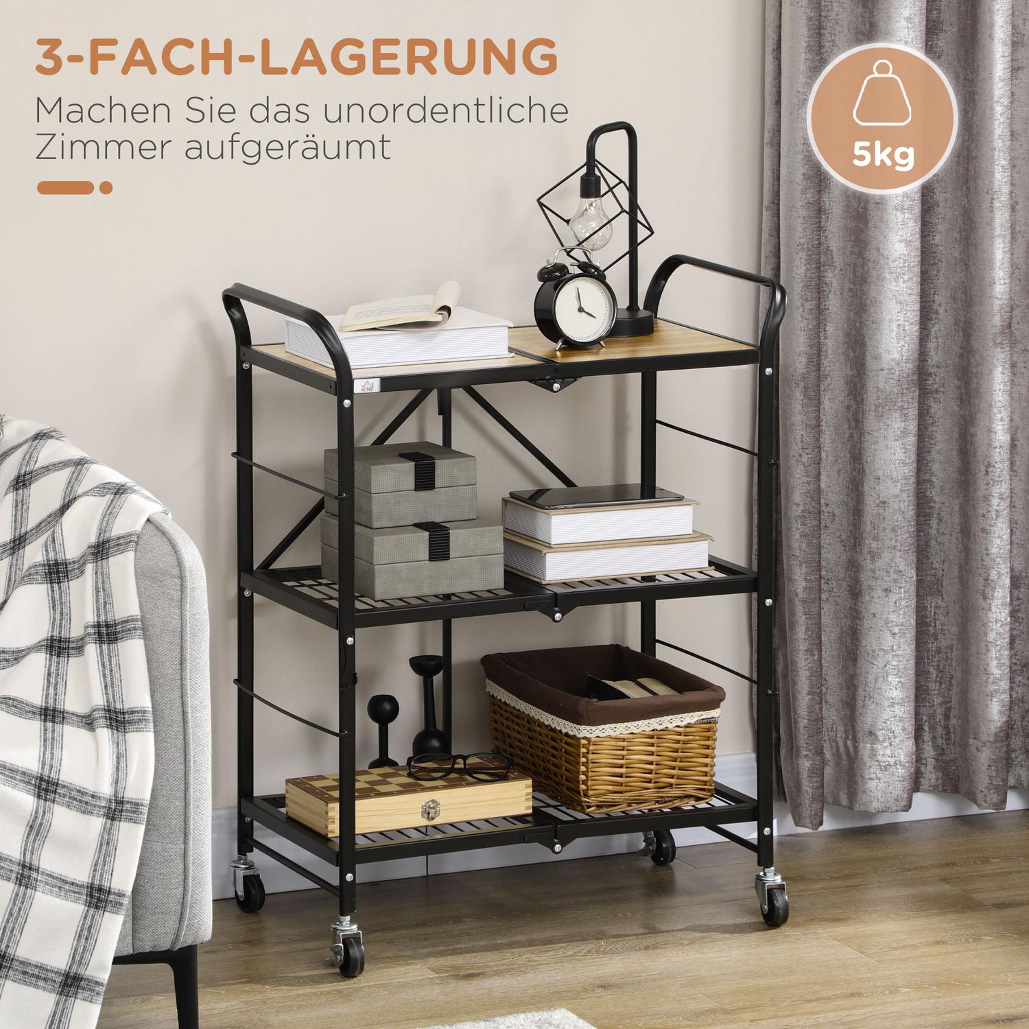Fällbar köksvagn, 3-lagers stål, brun/svart