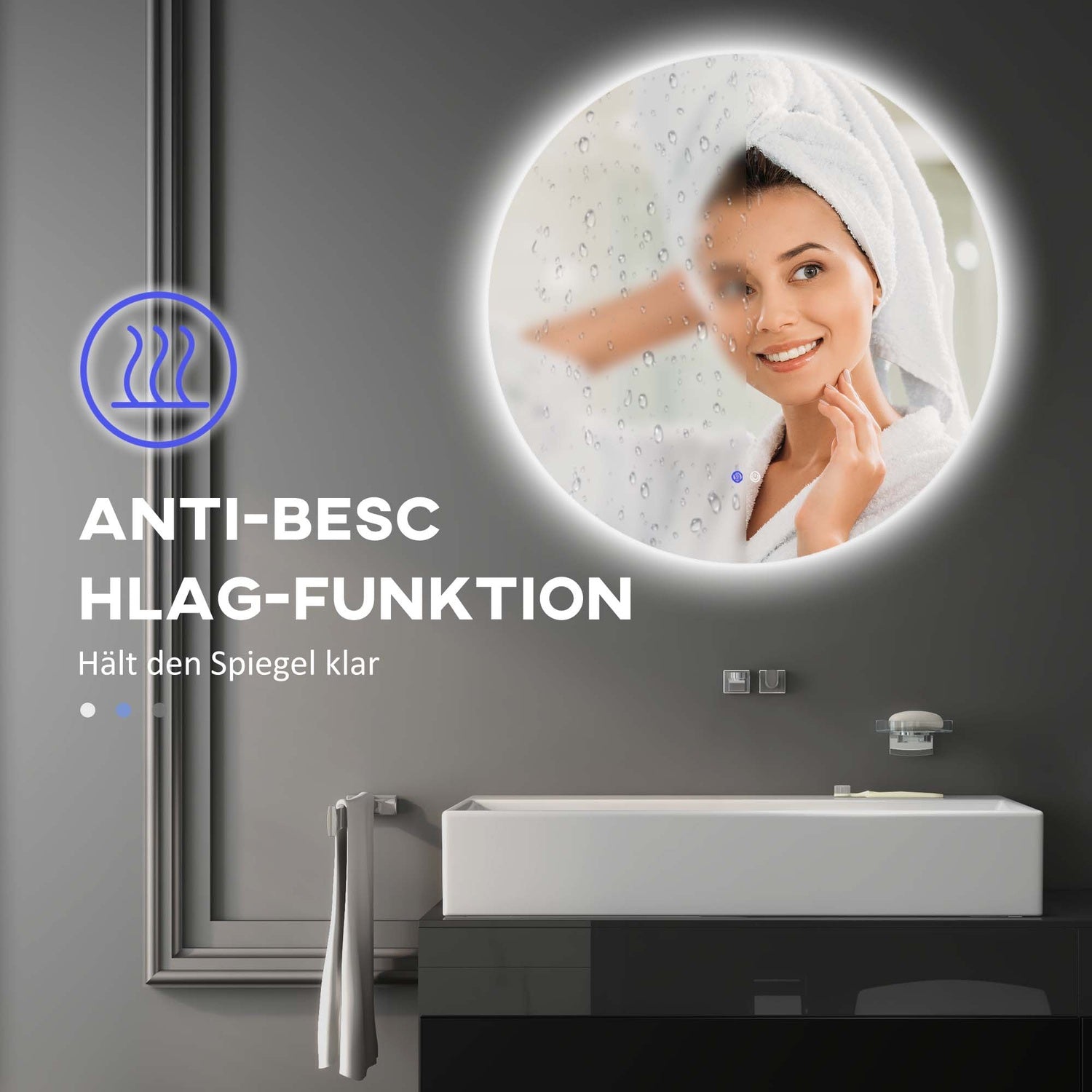 Rund LED Badrumsspegel, Touch Switch, Anti-Imma, 3 ljusfärger