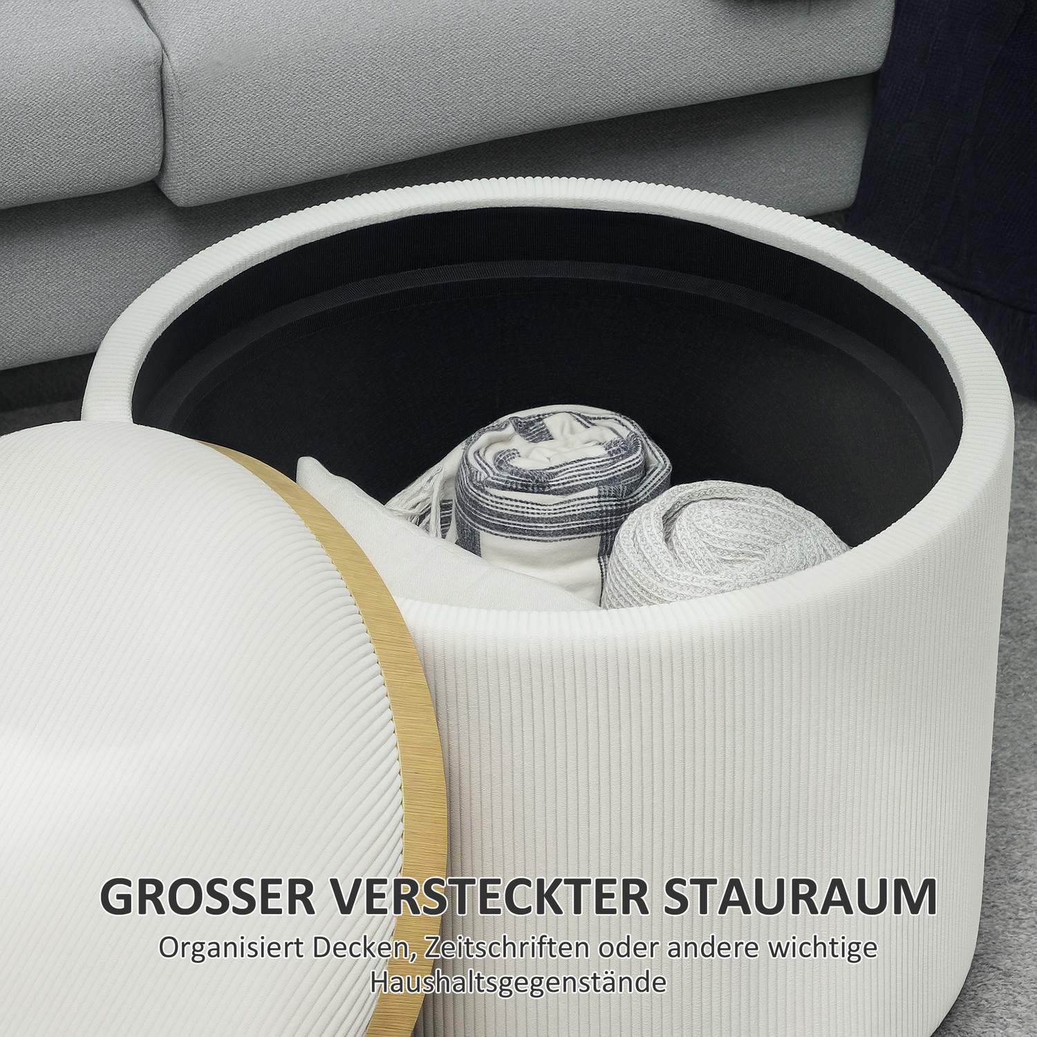 Rund stoppad förvaringspall, Gräddvit, 56x56x42 cm