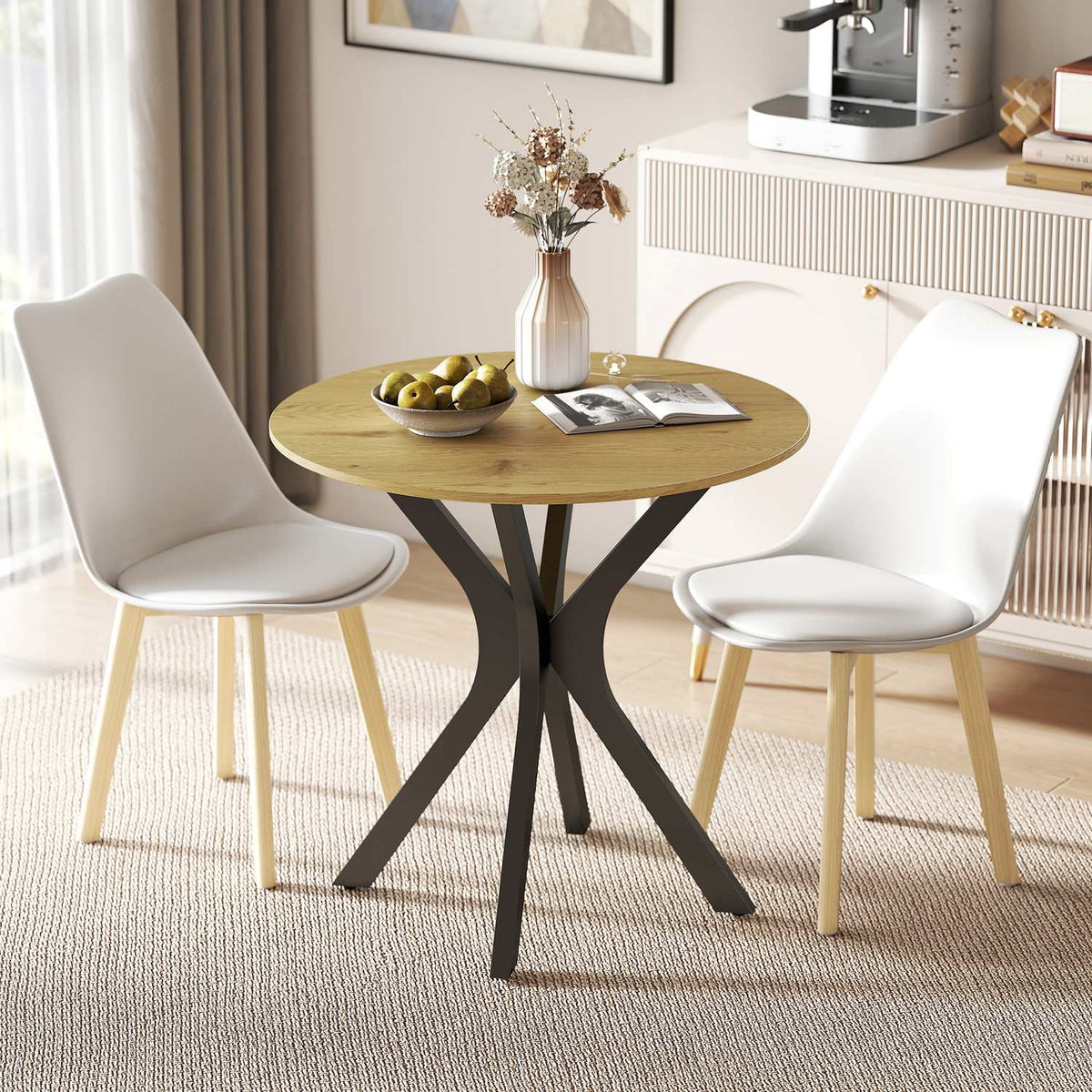 Runt matbord, modern design, 78x78x75 cm, naturligt trä