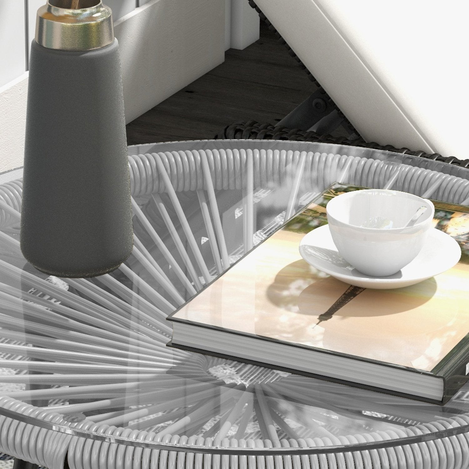 Runt soffbord i rotting – Glasskiva, 50x50x50cm, svart/grå