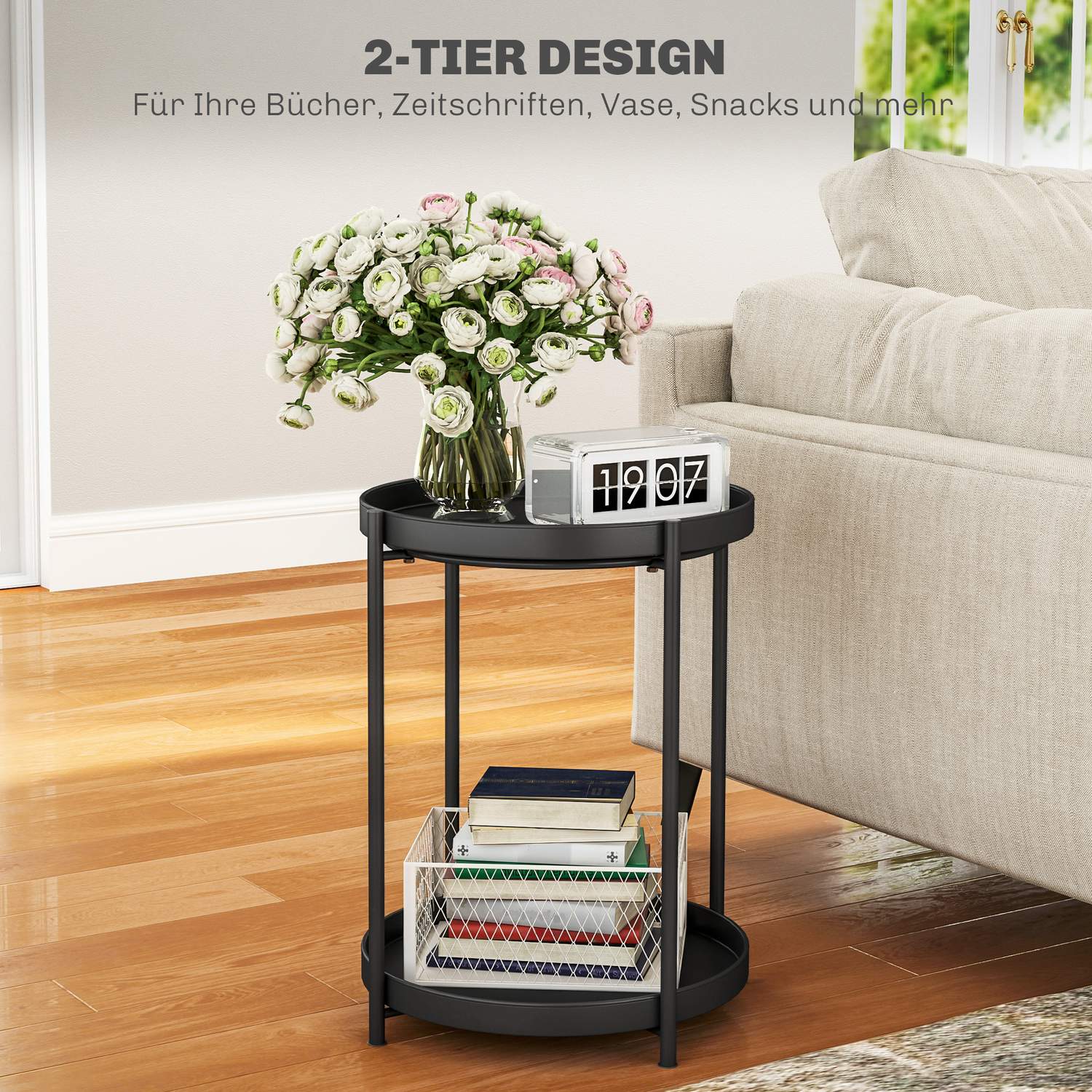 Runt svart soffbord – stål, 2 hyllplan, 44x44x56 cm