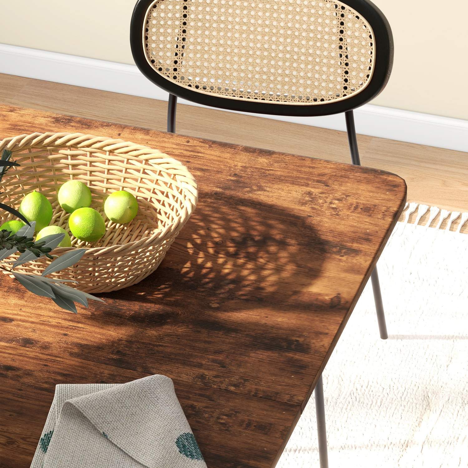 Rustikt brunt hopfällbart matbord för 6 med hylla