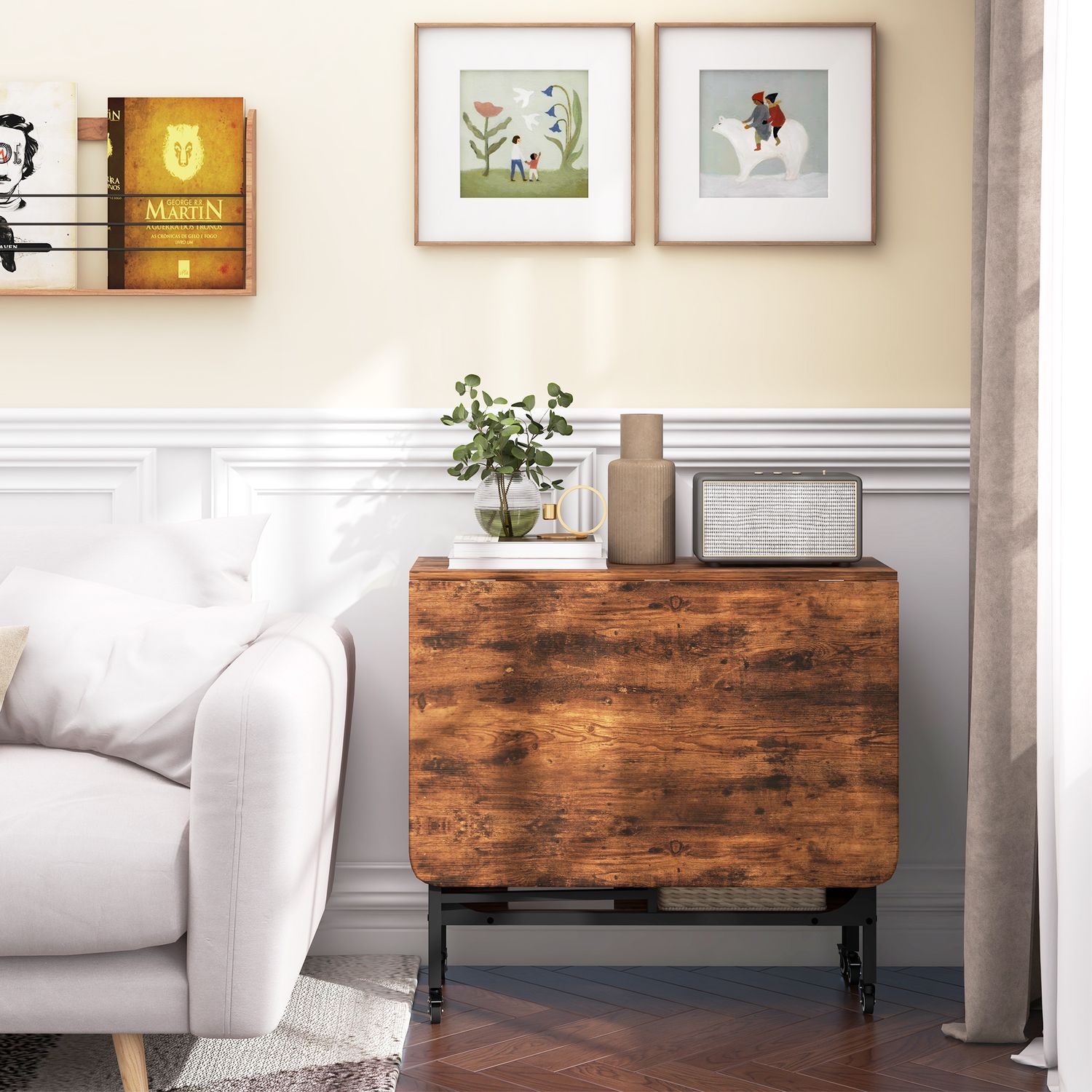 Rustikt brunt hopfällbart matbord för 6 med hylla