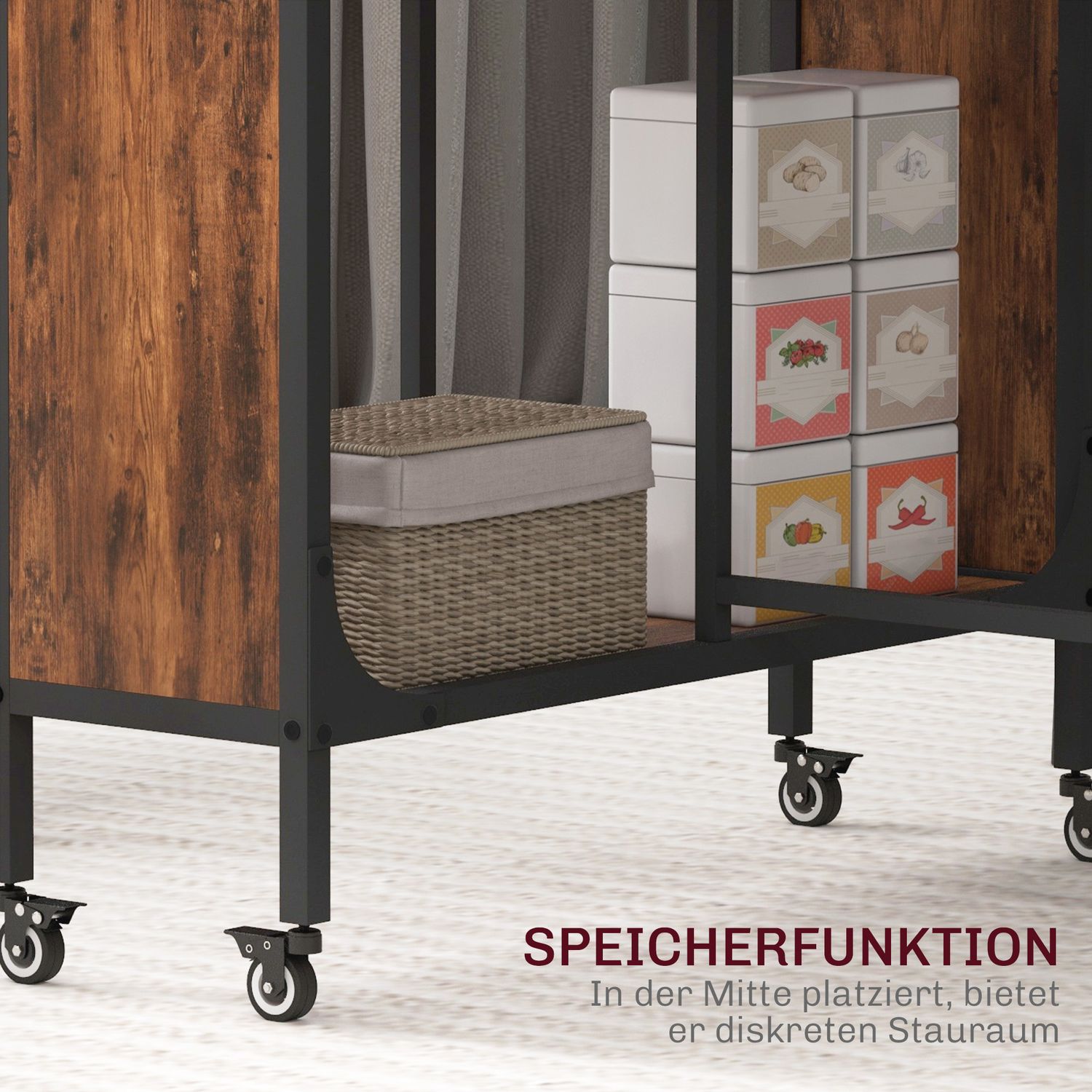 Rustikt brunt hopfällbart matbord för 6 med hylla