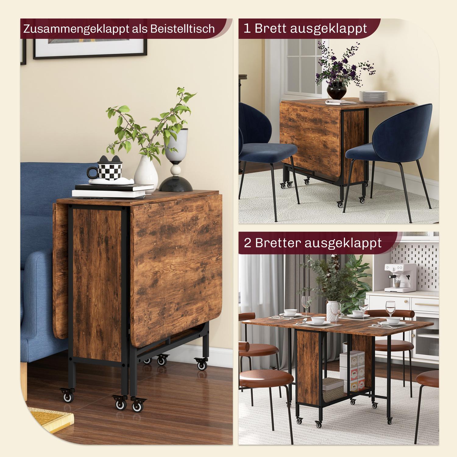 Rustikt brunt hopfällbart matbord för 6 med hylla