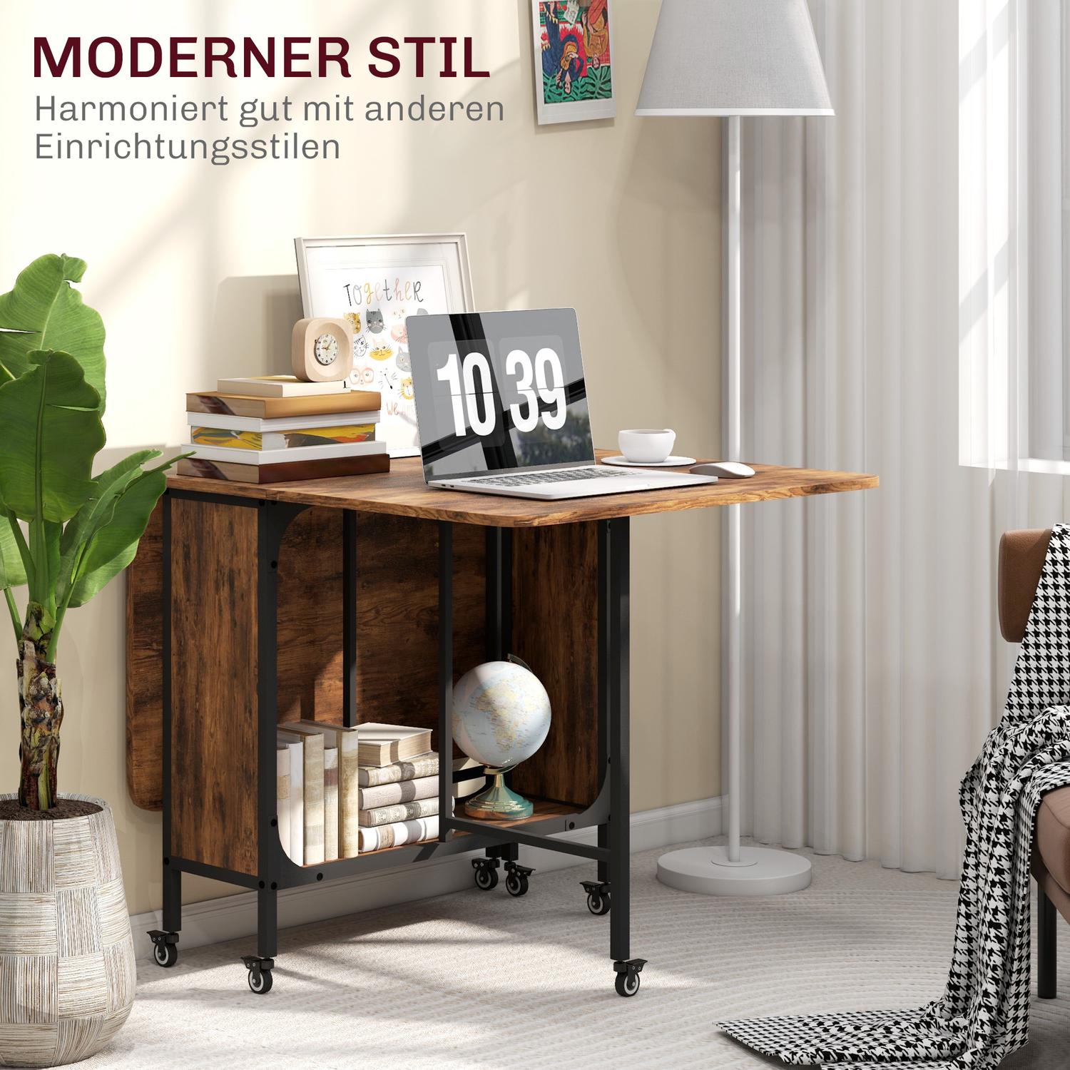 Rustikt brunt hopfällbart matbord för 6 med hylla