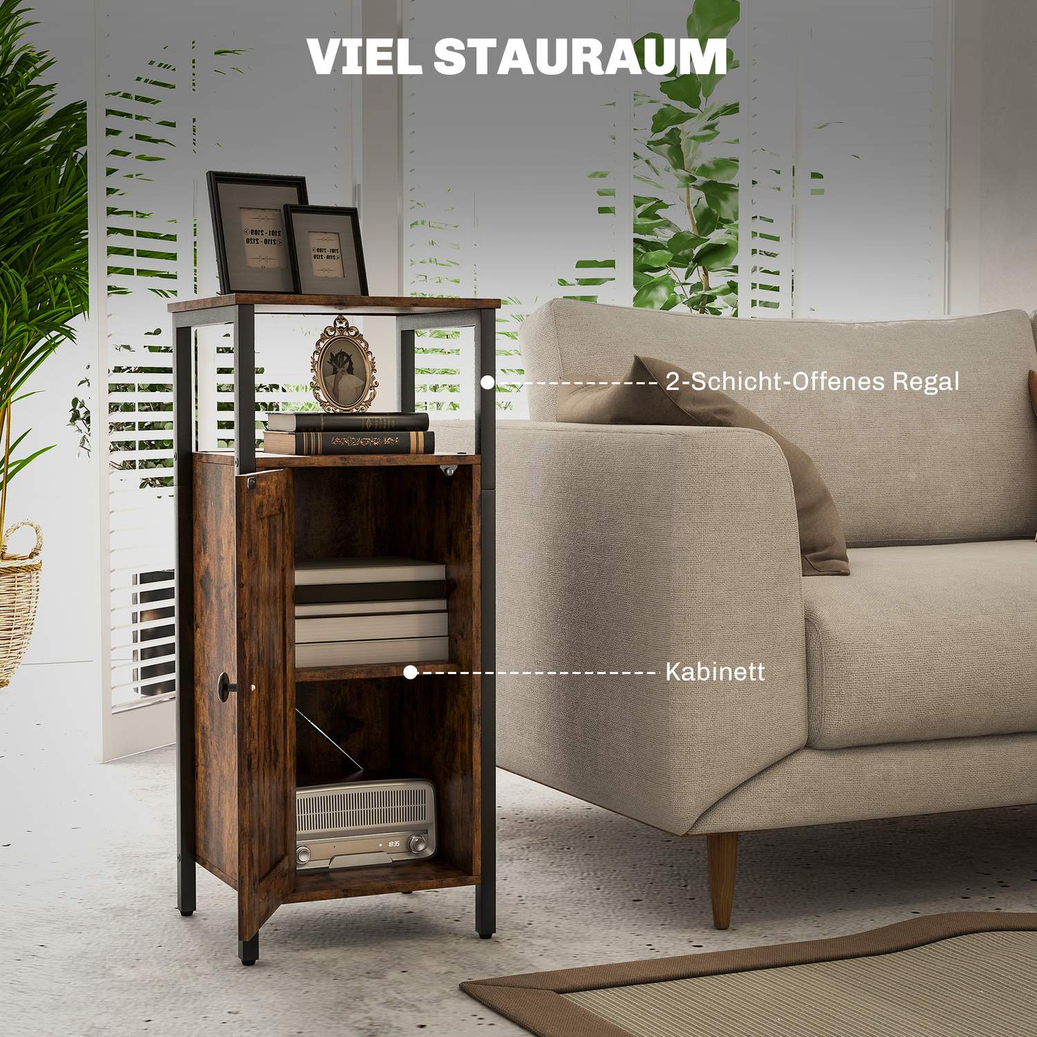 Rustikt brunt industrisoffbord, justerbar hylla