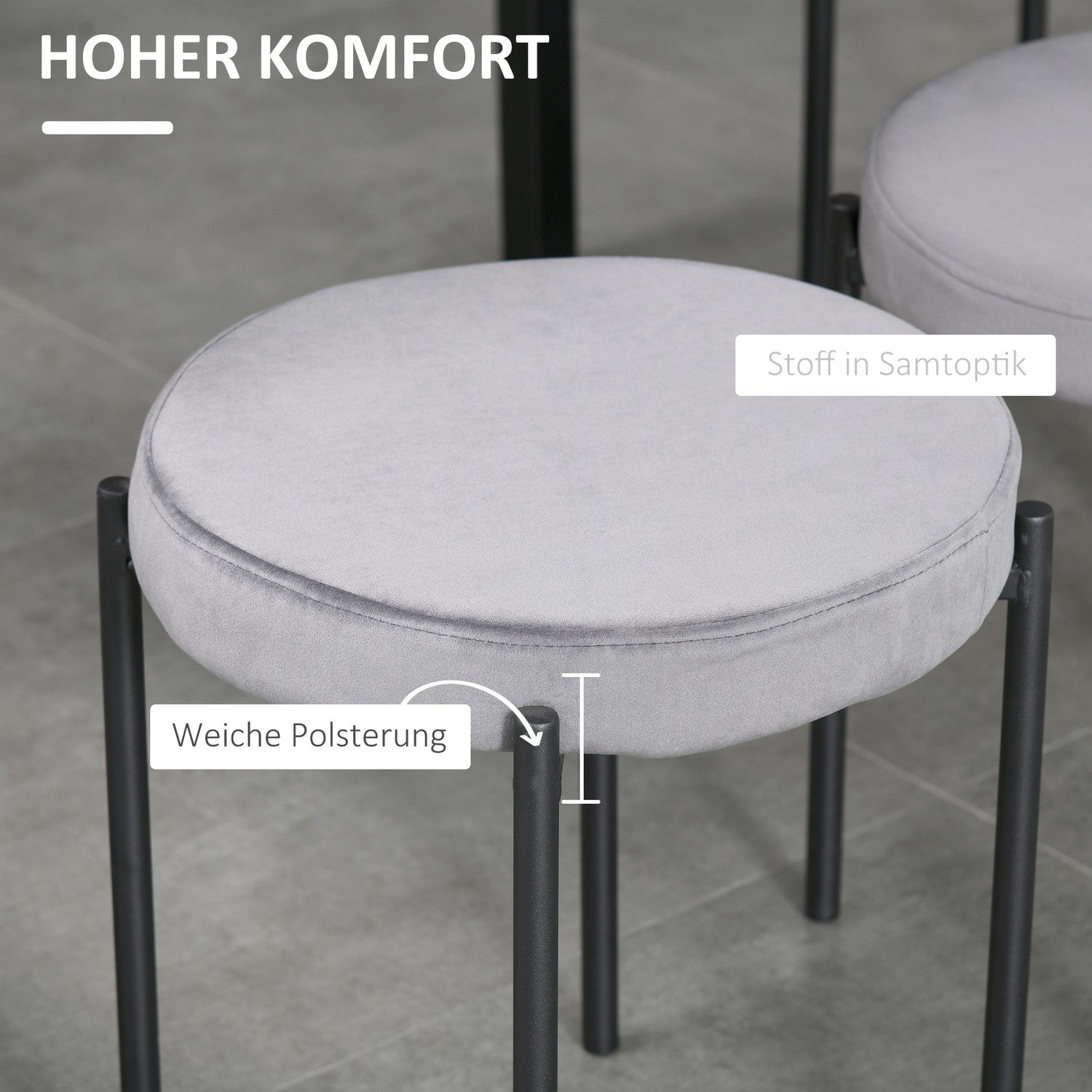 Sammetsbänkspallar, vadderad sits, set om 4, stålgrå