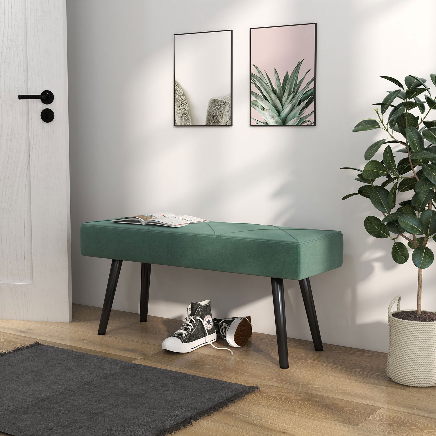 Sammetsklädd bänk, X-mönster, 100x36x45 cm, grön