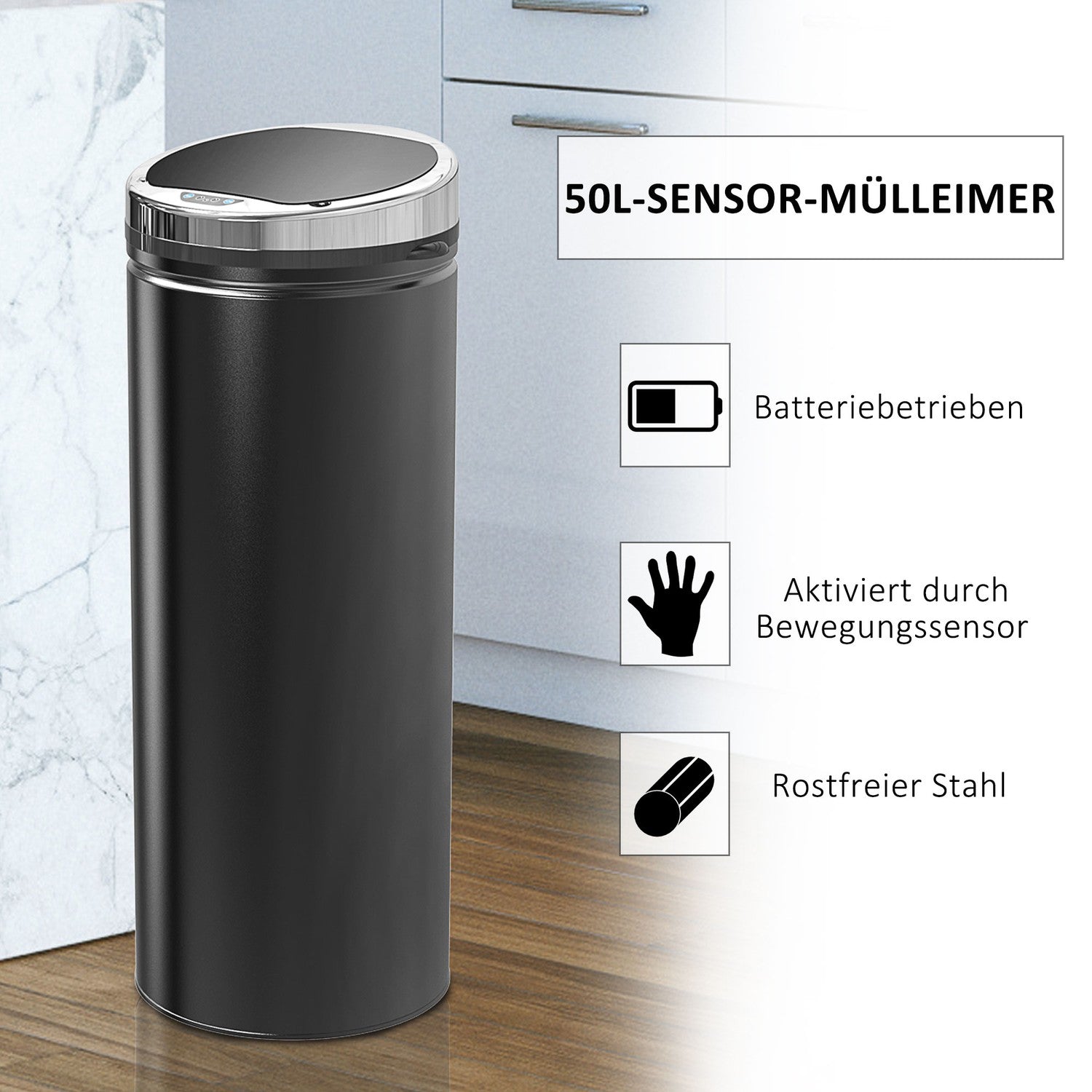 Automatisk sensor papperskorg, 50L, svart rostfritt stål