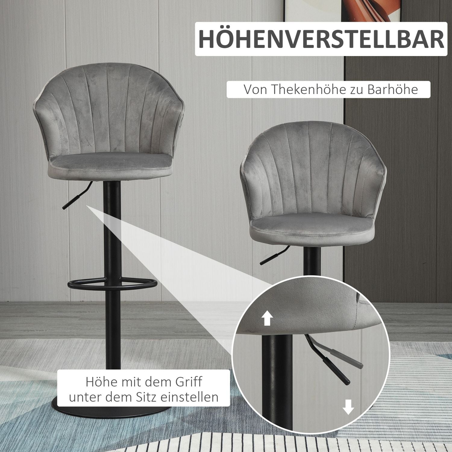Justerbara svängbara sammetsbarstolar, set om 2, grå
