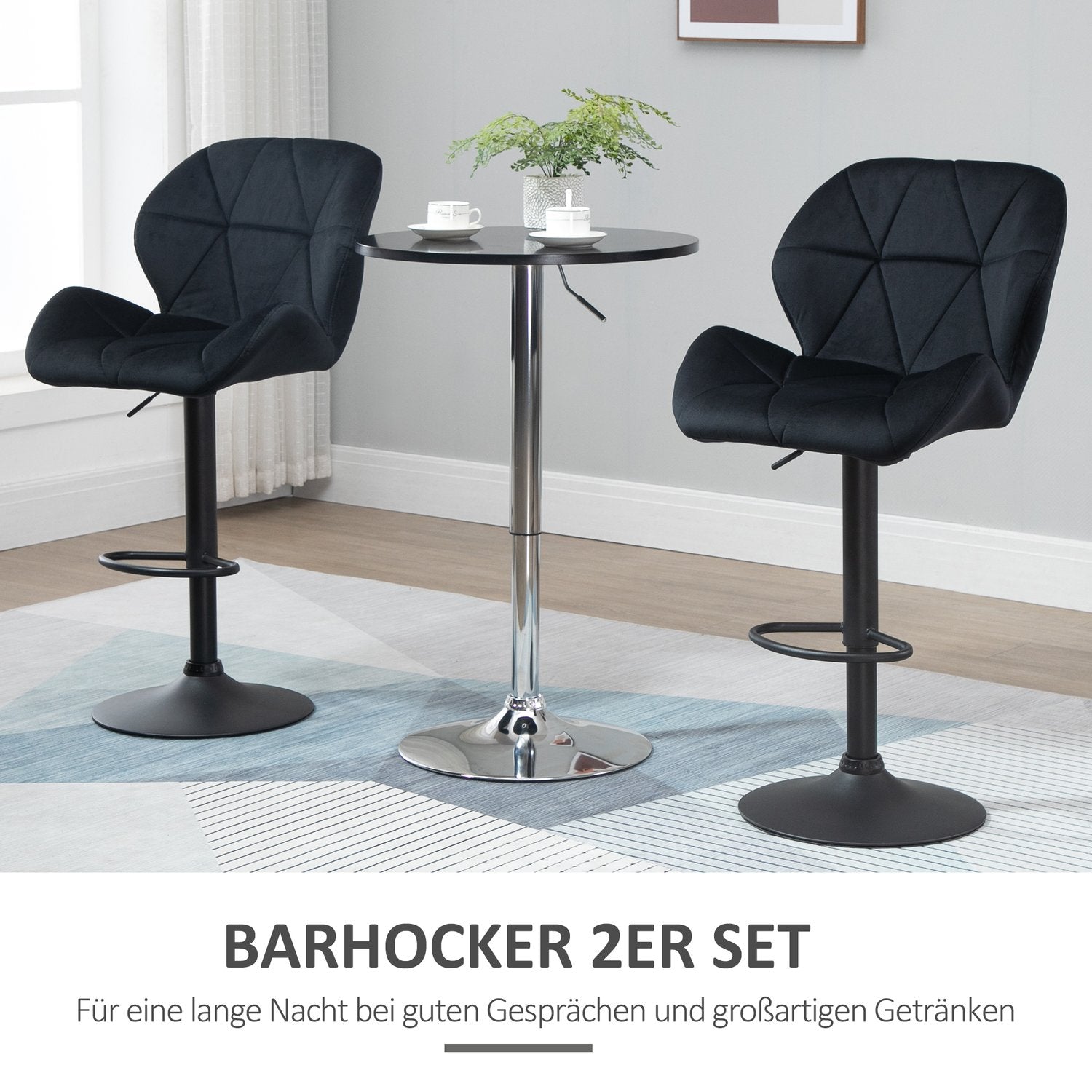 Set med 2 svarta svängbara barstolar, sammet, justerbar höjd