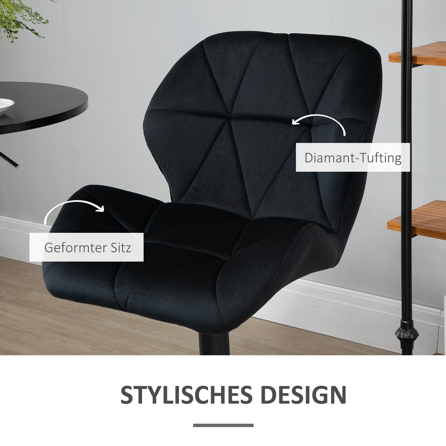 Set med 2 svarta svängbara barstolar, sammet, justerbar höjd