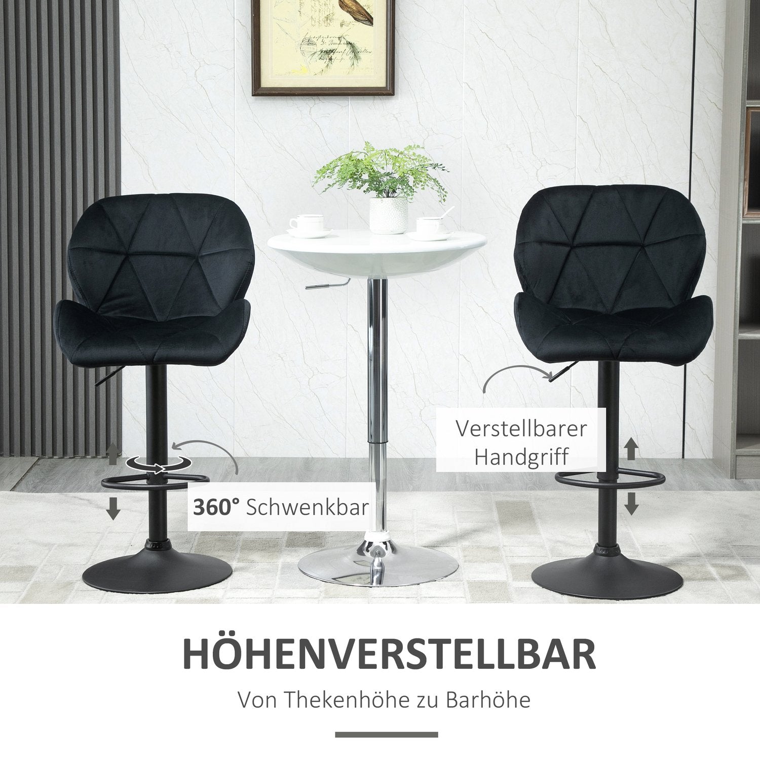 Set med 2 svarta svängbara barstolar, sammet, justerbar höjd