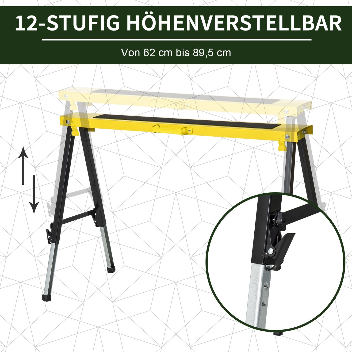 Fällbart stålsåghästset, halkfri, justerbar höjd