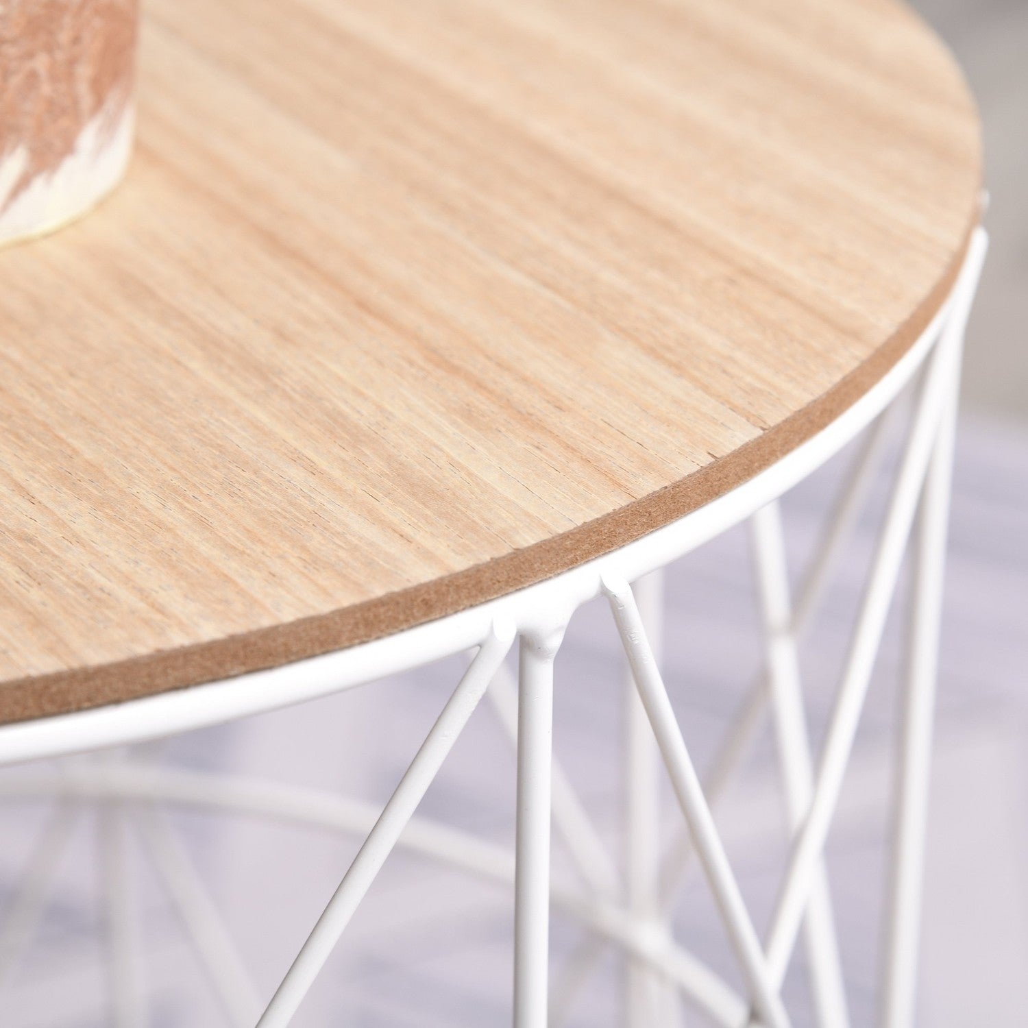 Set med 2 runda soffbord, naturlig & vit MDF, metall