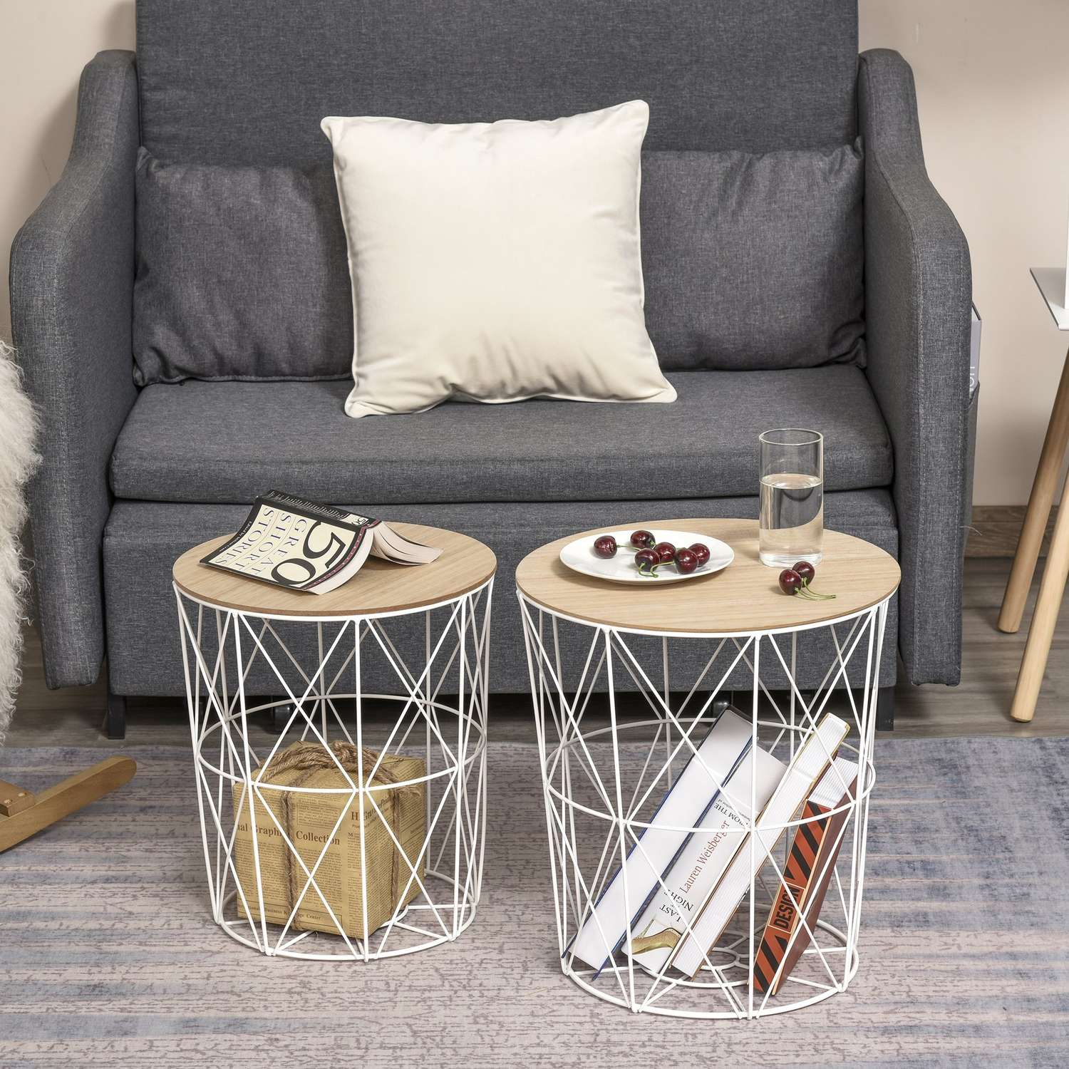Set med 2 runda soffbord, naturlig & vit MDF, metall