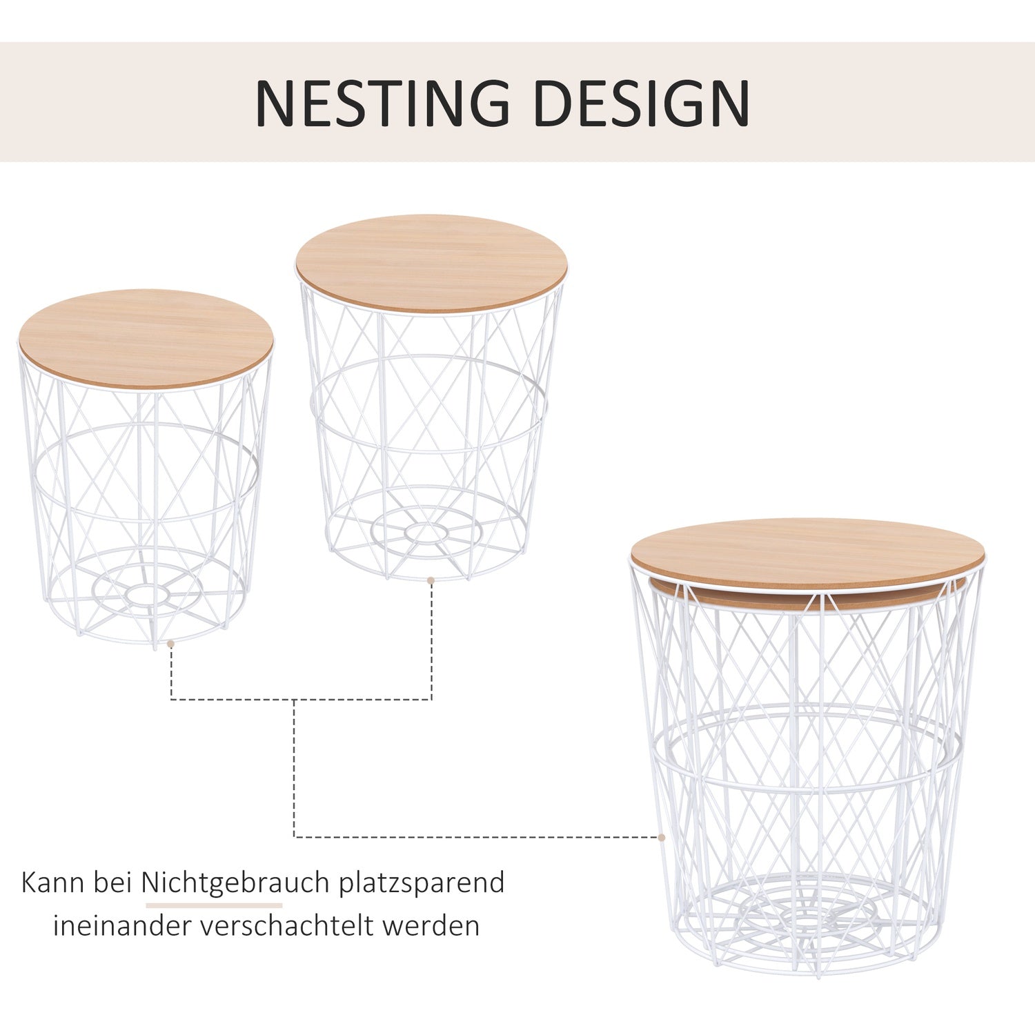Set med 2 runda soffbord, naturlig & vit MDF, metall