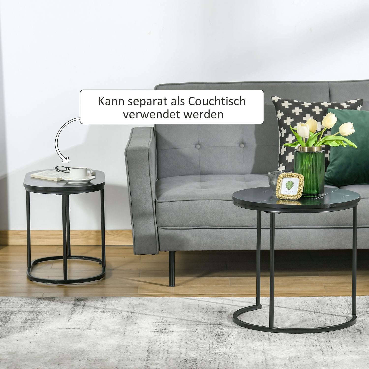Set med 2 stapelbara runda soffbord, fuskmarmor, svart