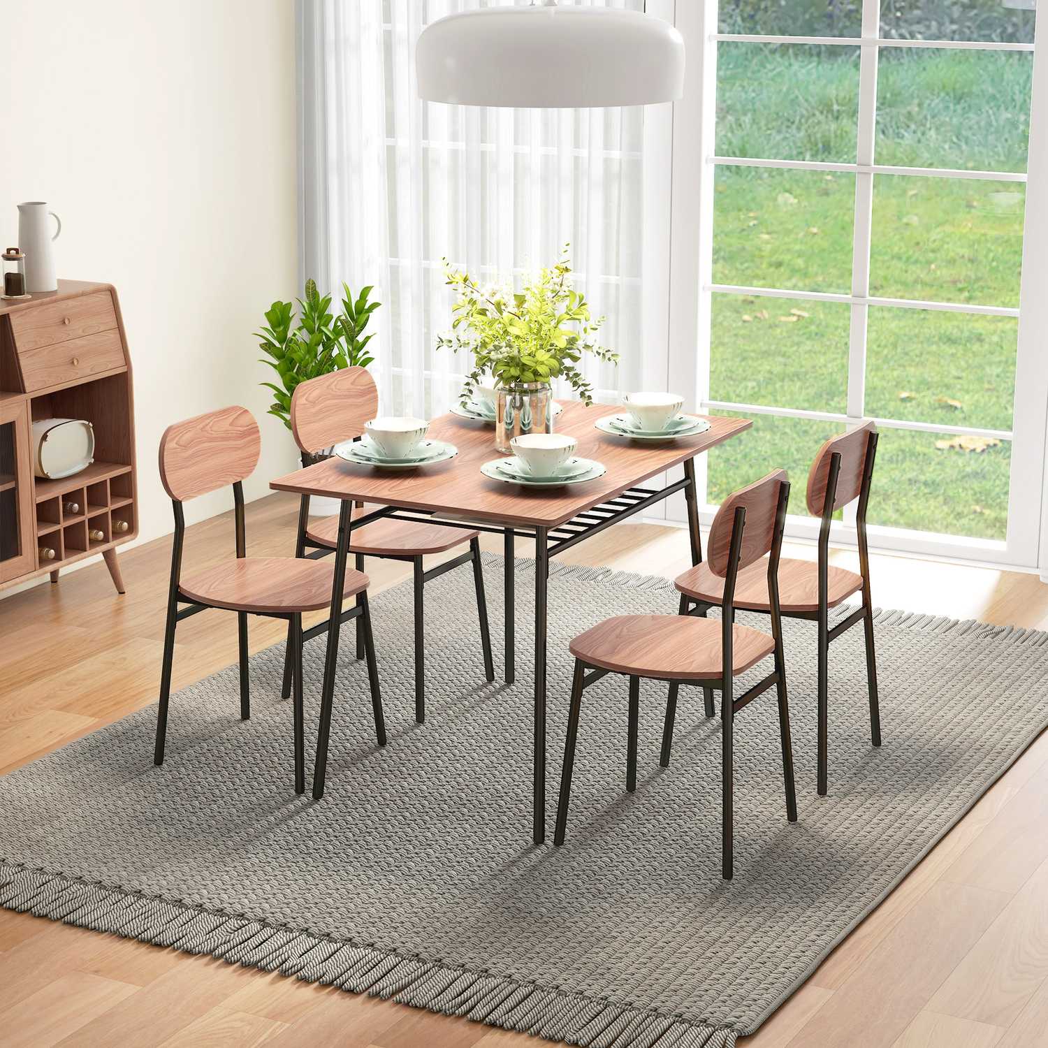Matbordsset med 4 stolar, teak och stål, modern design