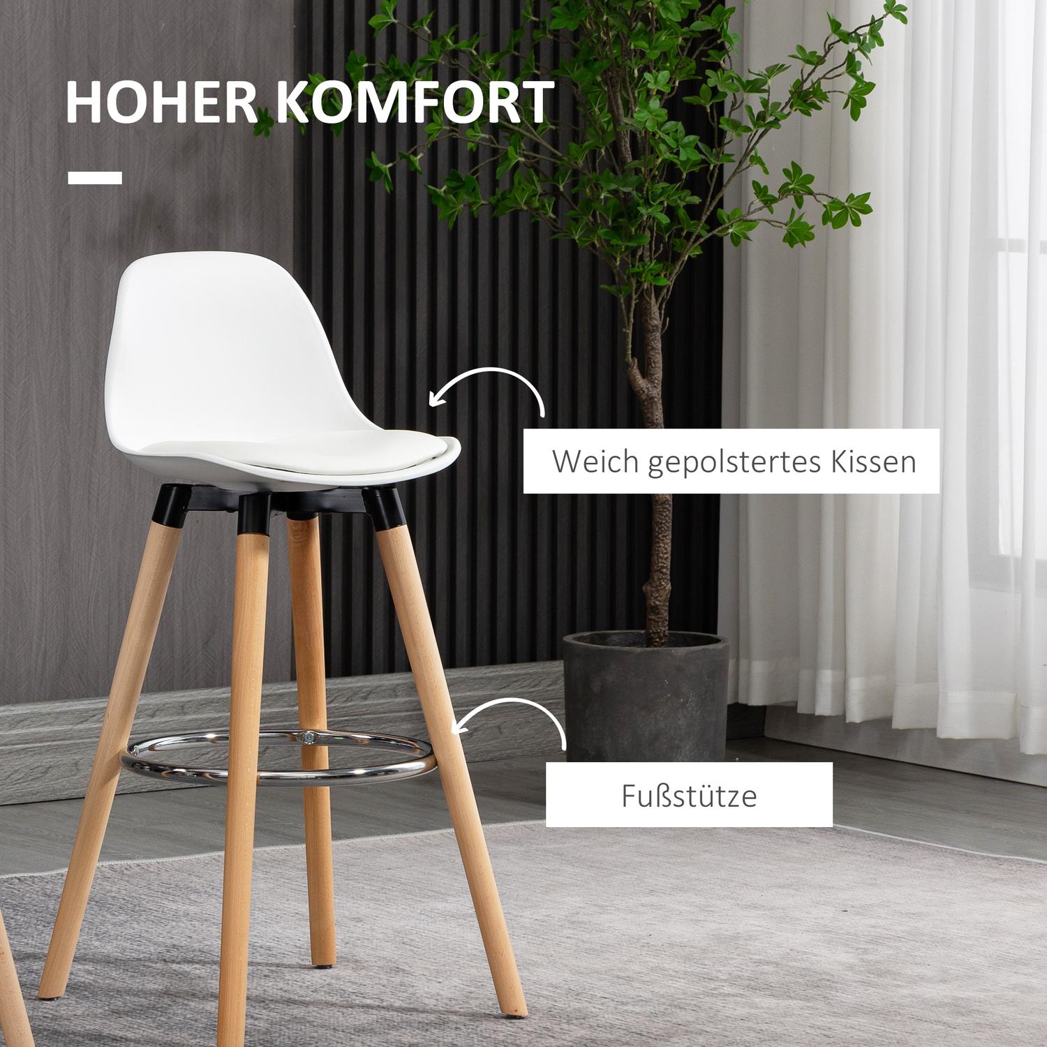 Vita barstolar i konstläder, set om 2 med fotstöd