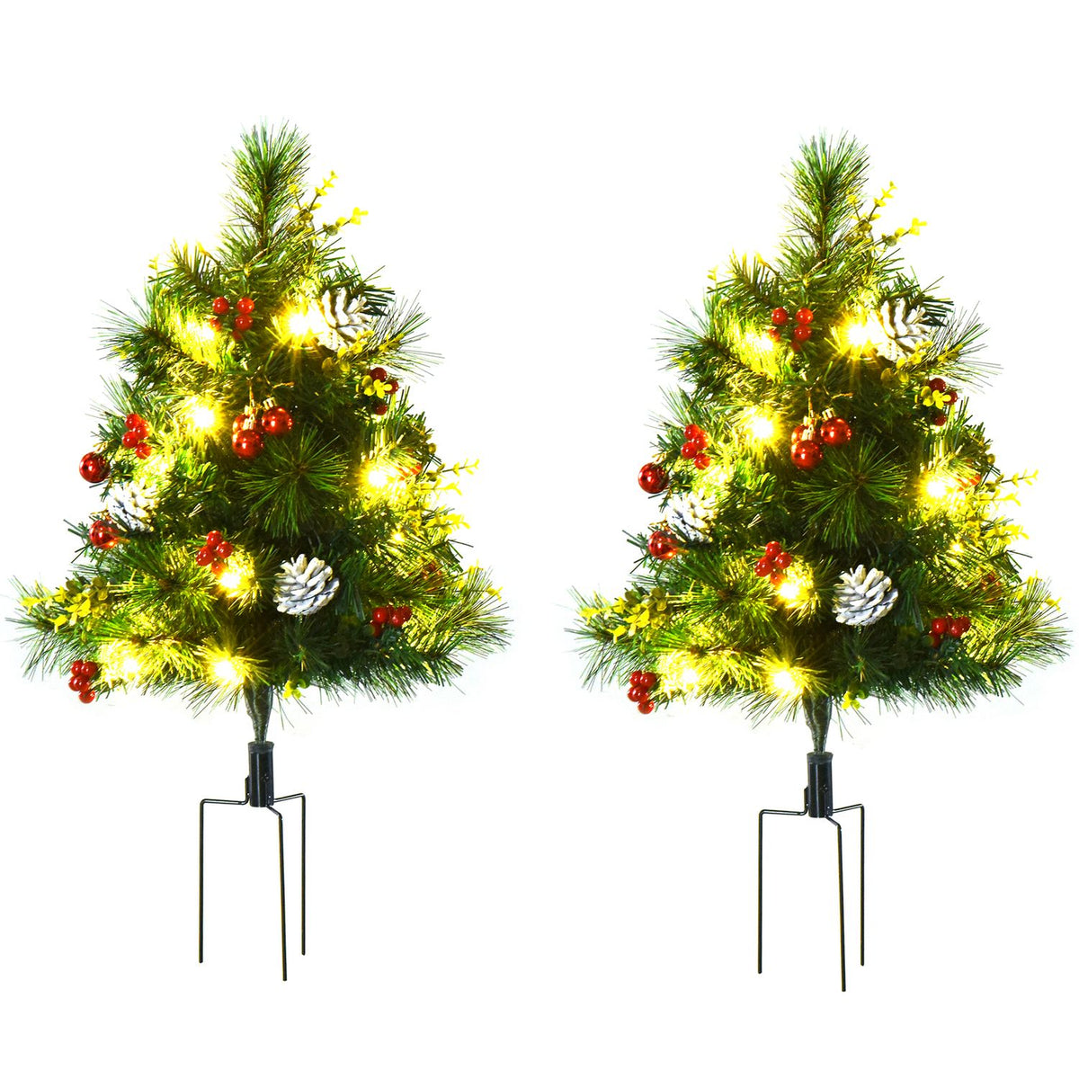 Sada 2 mini vánočních stromků s šiškami a LED světly