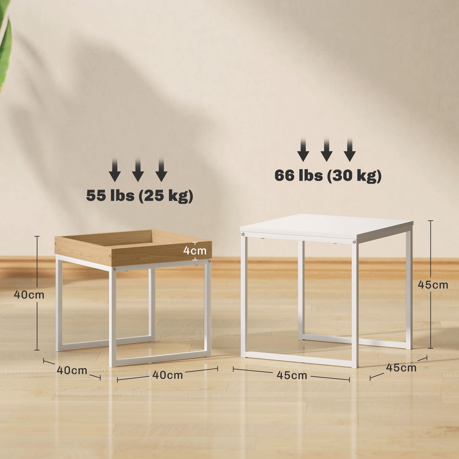 Fyrkantigt soffbordsset – Vit & Ek, Stålstomme, 30 kg Kapacitet