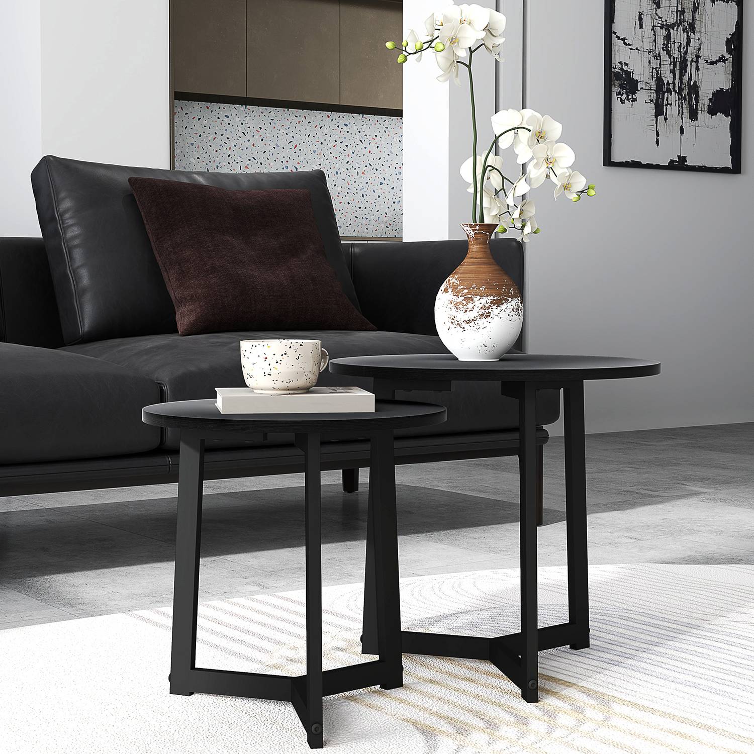 Runda soffbord med stålram – modern svart design