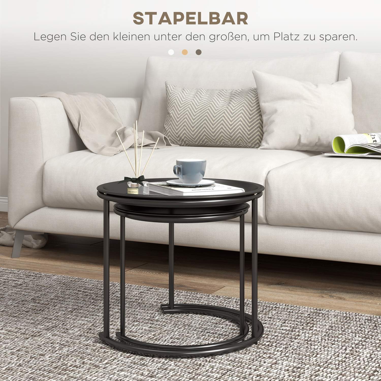 Runt soffbordsset, Stapelbart stål, Ø43/35 cm, Svart