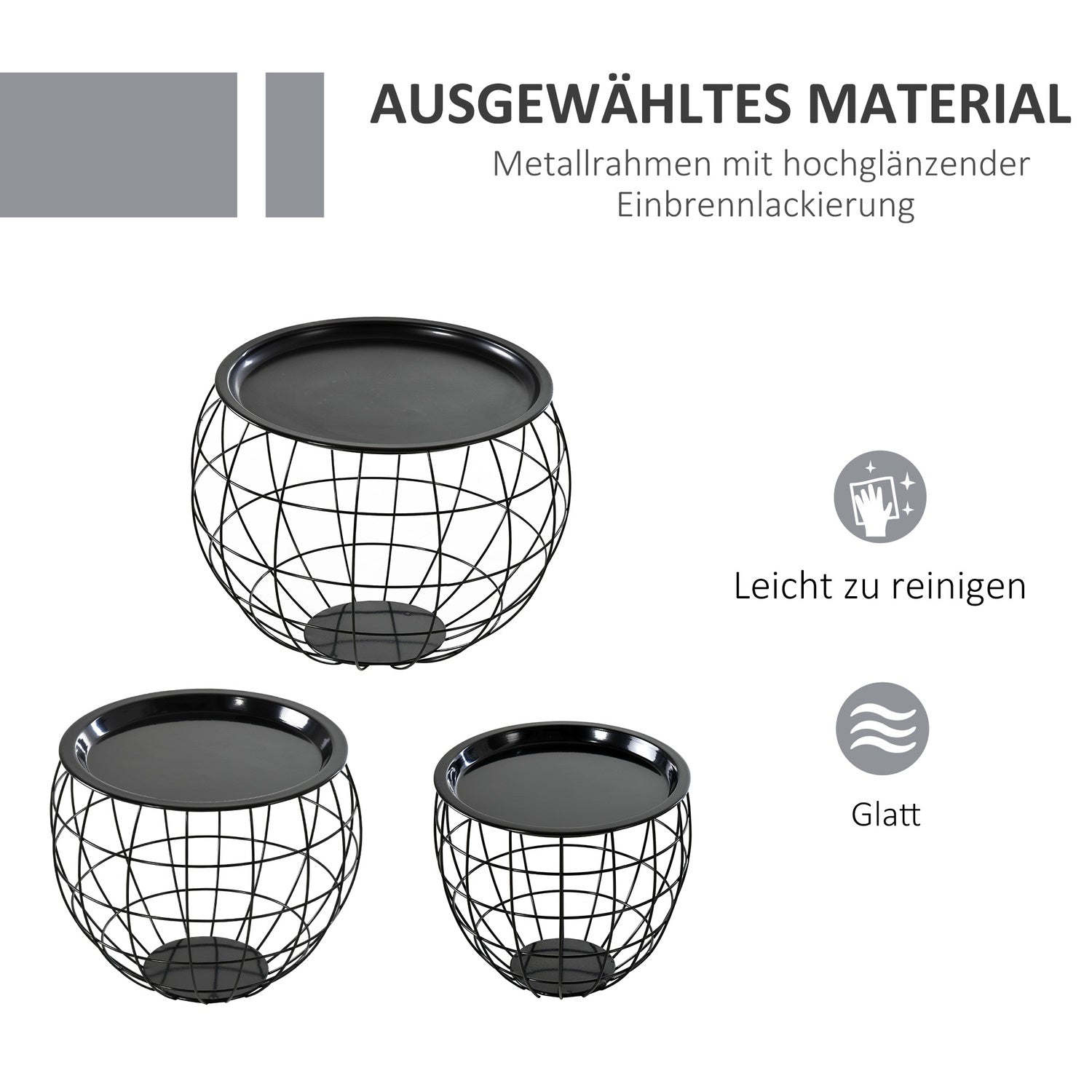 Svarta soffbord – Set om 3 med avtagbara skivor