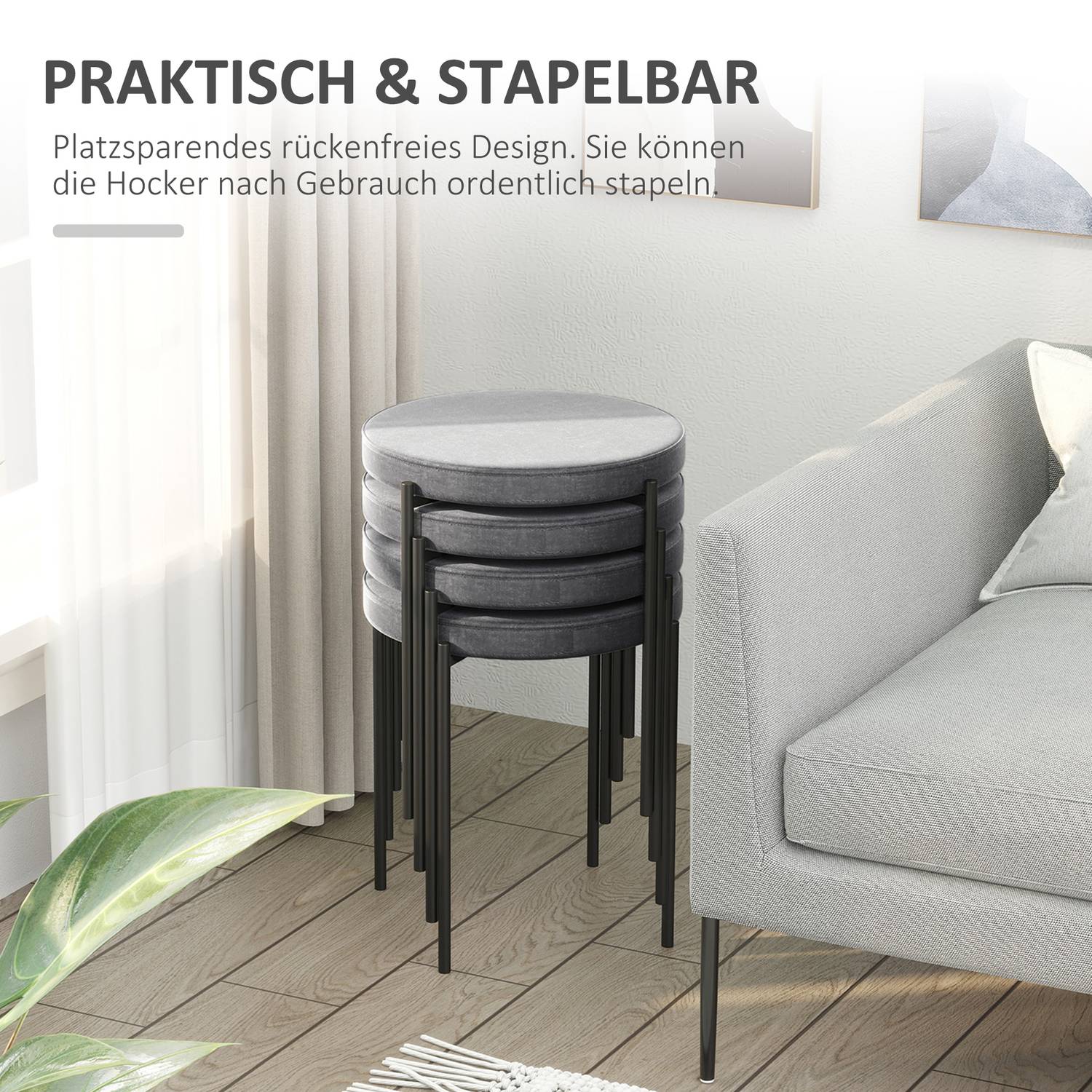 Sammetsbänkspallar, vadderad sits, set om 4, stålgrå