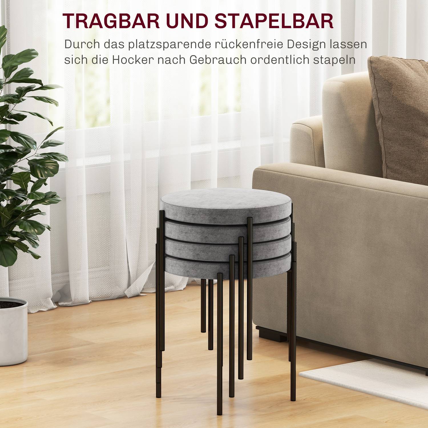 4 stapelbara matstolar i sammetslook med vadderad sits
