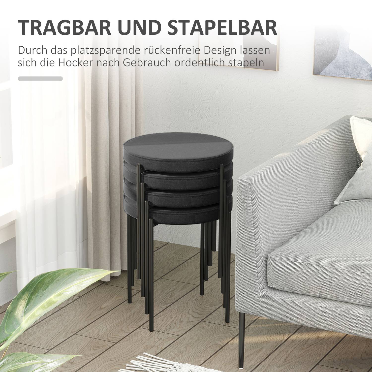 Set med 4 st stapelbara bänkpallar i sammet, svart, vadderad sits