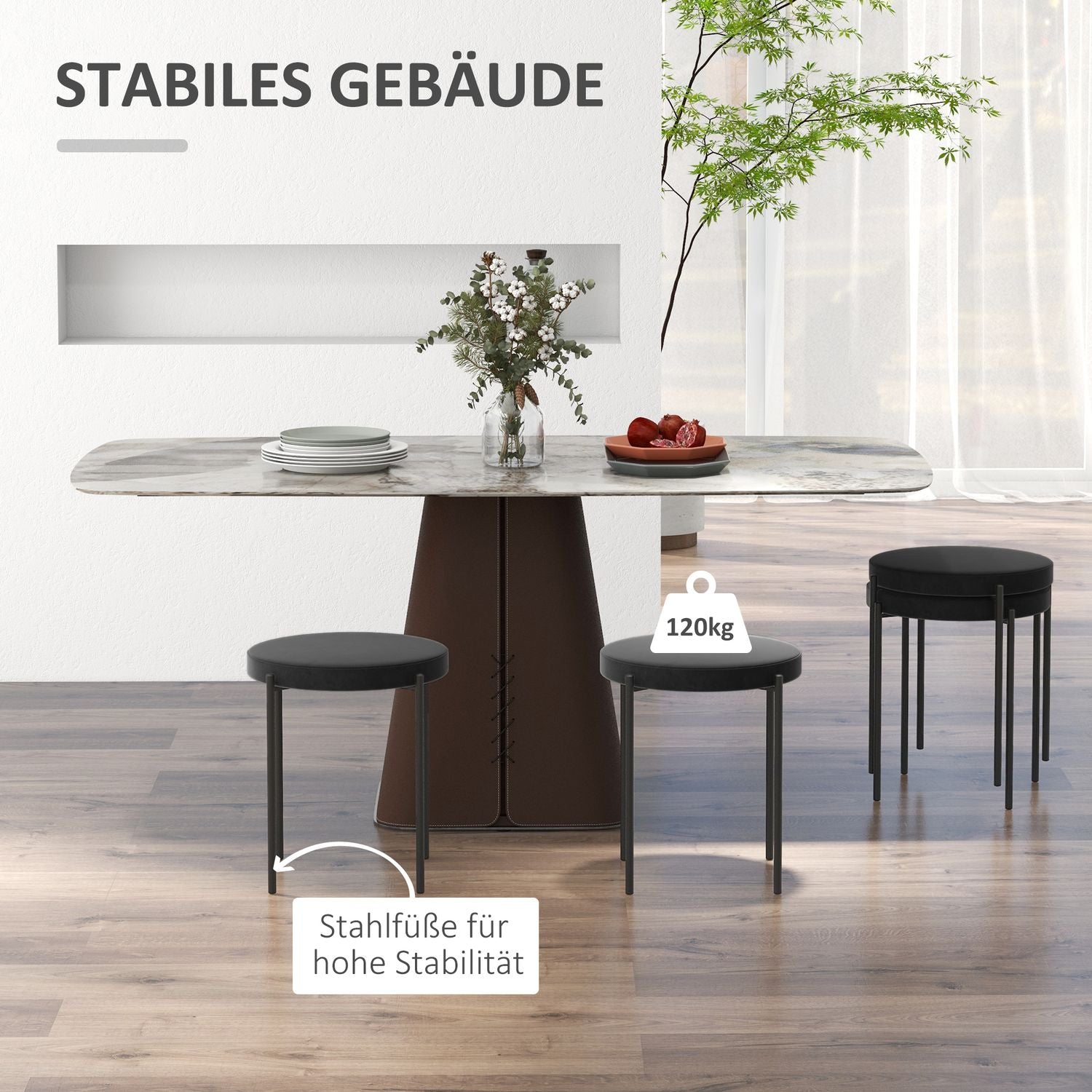 Set med 4 st stapelbara bänkpallar i sammet, svart, vadderad sits