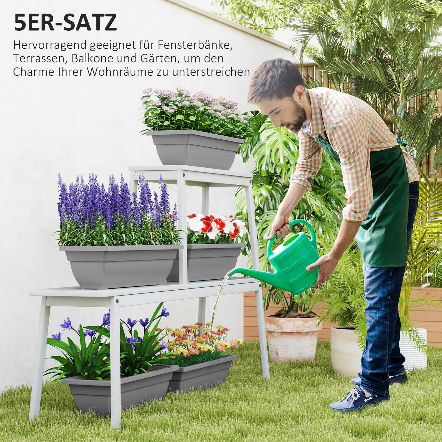 Set med 5 stapelbara väderbeständiga blomkrukor, 59x21x16 cm