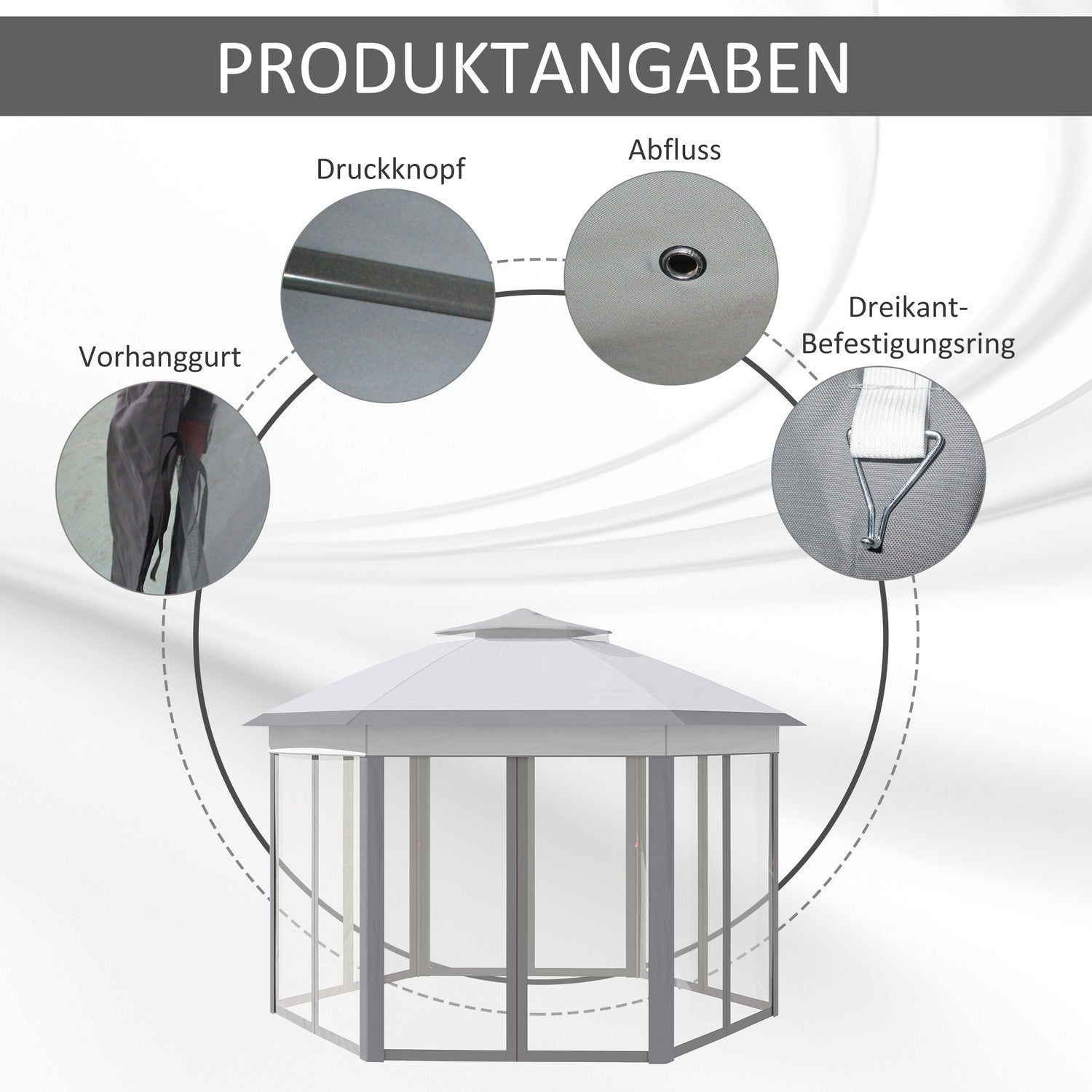 Sexkantigt pop-up partytält, 4x4m, med 6 sidopaneler, grå