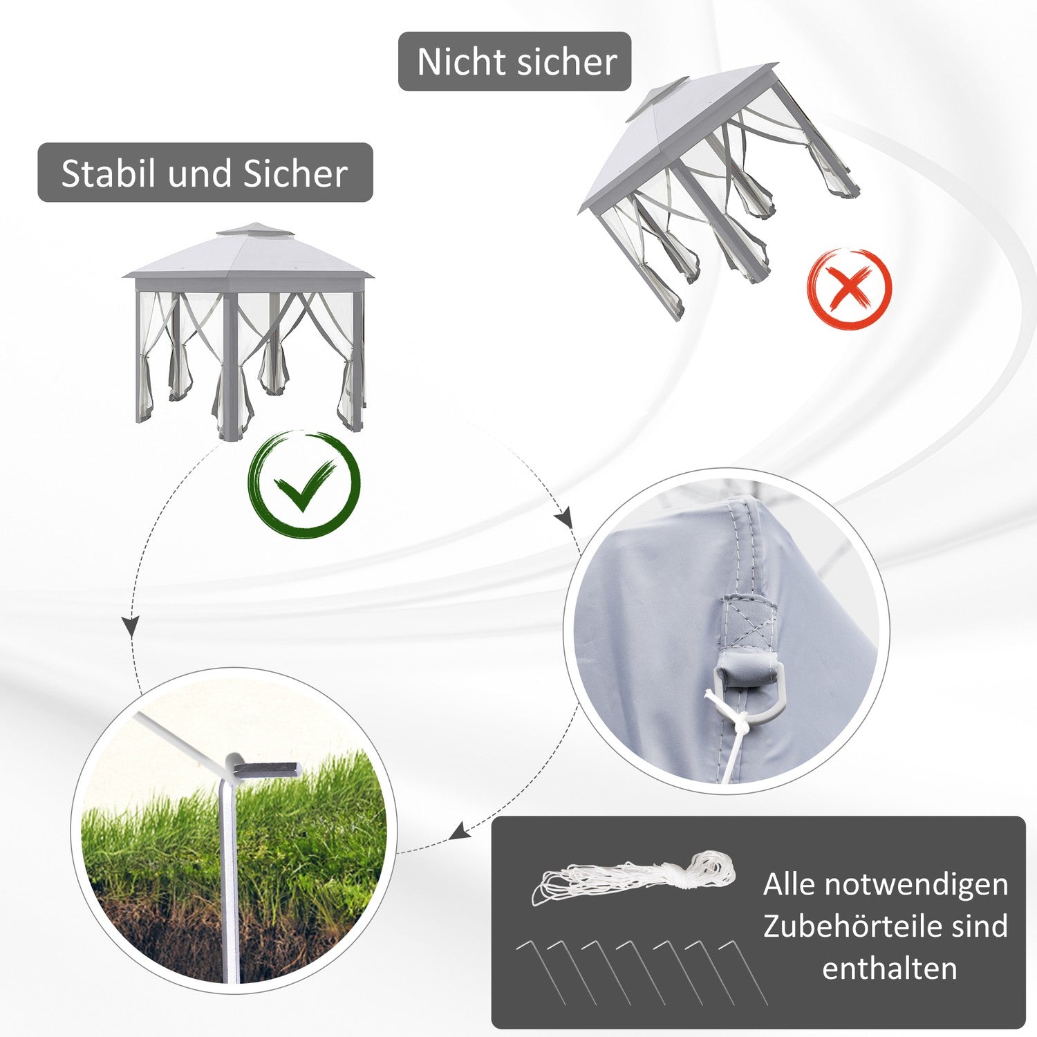 Sexkantigt pop-up partytält, 4x4m, med 6 sidopaneler, grå