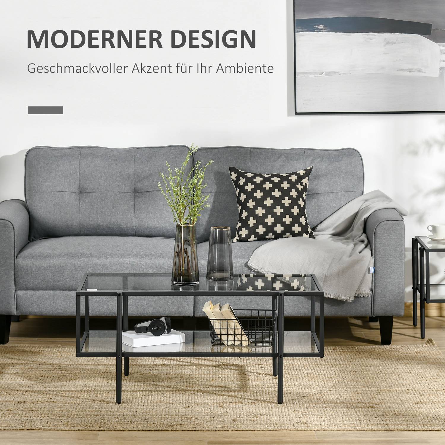 Soffbord i glas, 3 hyllplan, Stålstomme, Svart