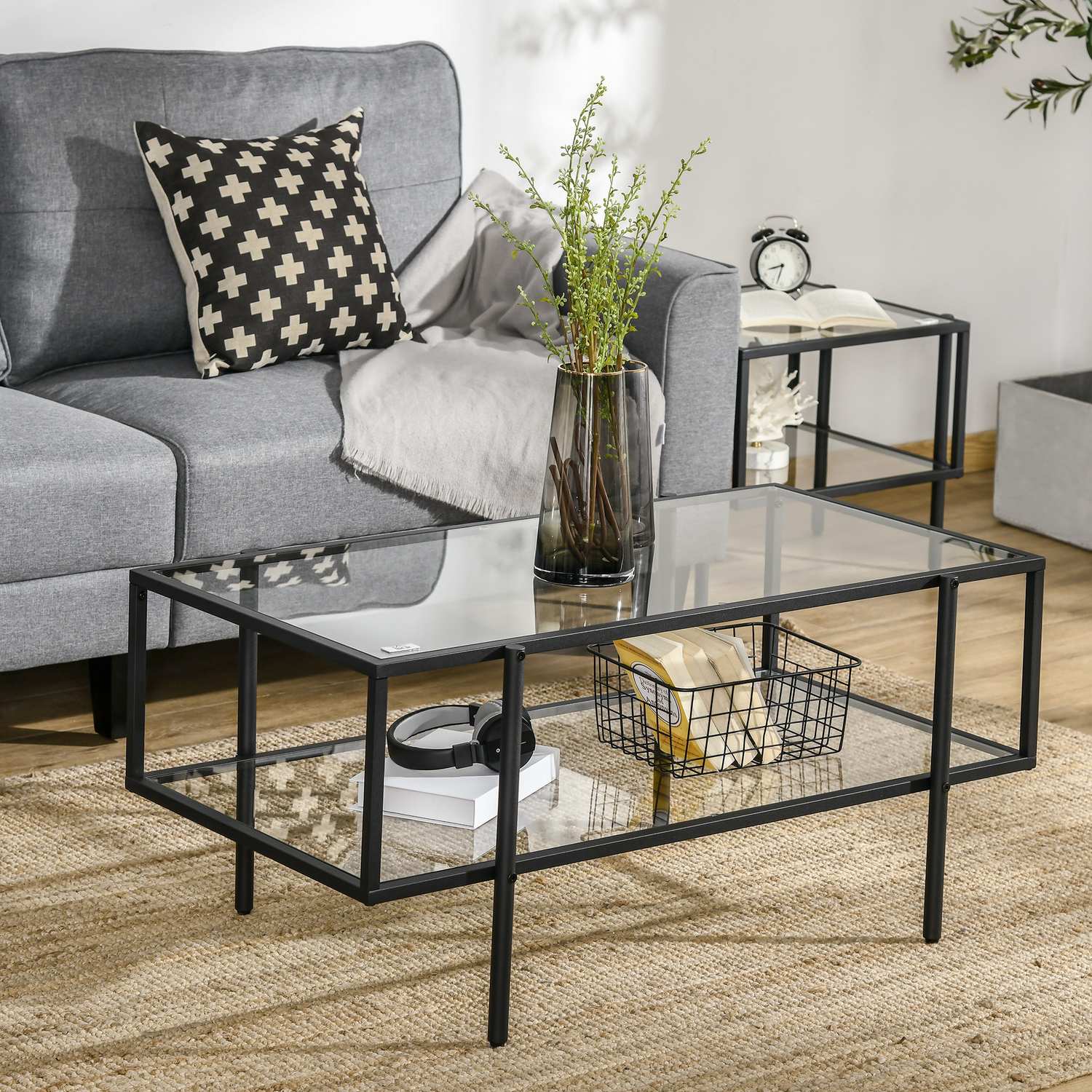 Soffbord i glas, 3 hyllplan, Stålstomme, Svart