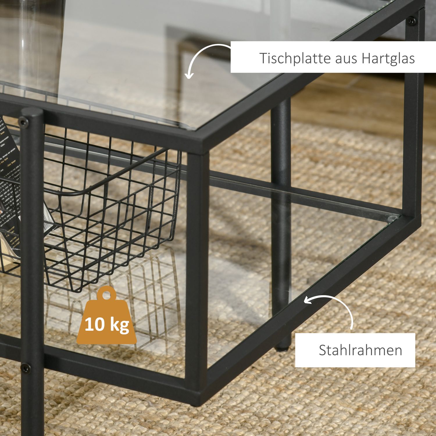 Soffbord i glas, 3 hyllplan, Stålstomme, Svart