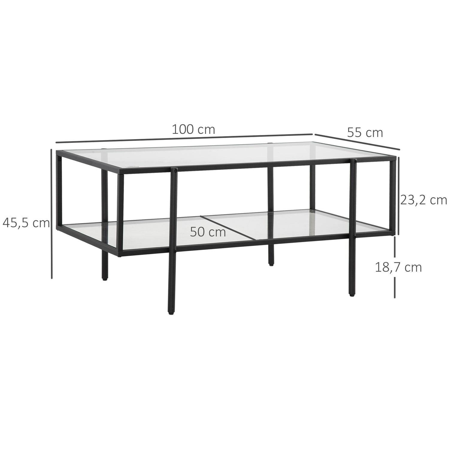 Soffbord i glas, 3 hyllplan, Stålstomme, Svart