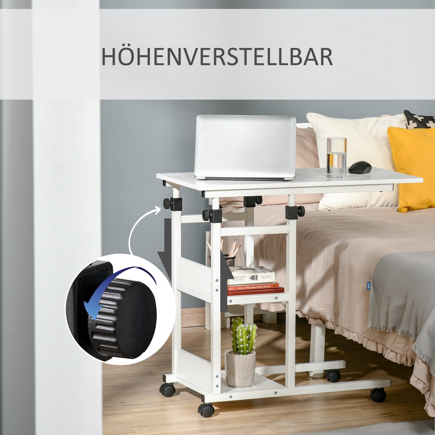 Höjdjusterbart sidobord med hjul, 2 hyllplan, vit