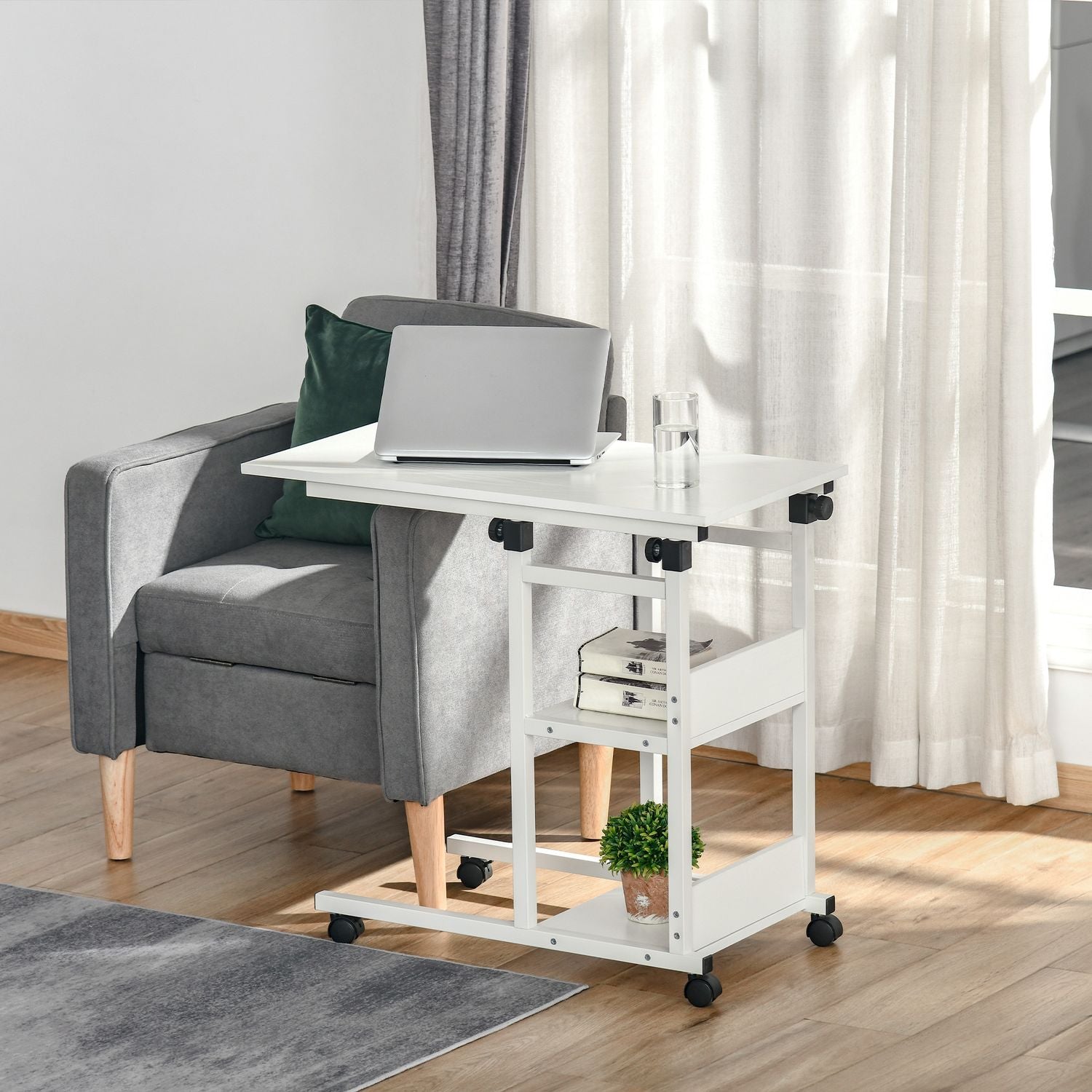 Höjdjusterbart sidobord med hjul, 2 hyllplan, vit