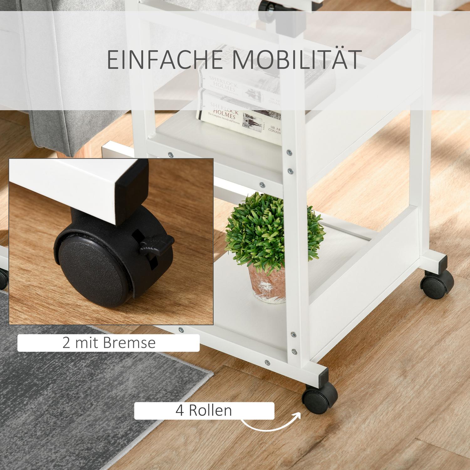 Höjdjusterbart sidobord med hjul, 2 hyllplan, vit