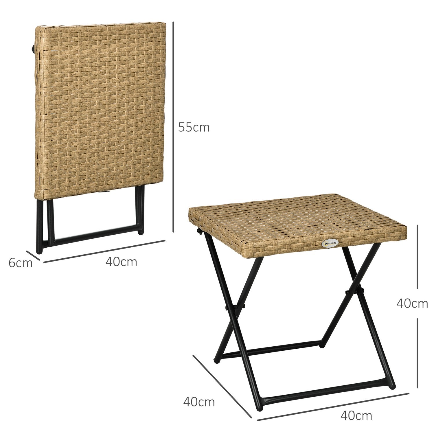 Hopfällbart trädgårdssidobord i polyrattan, metall, 40x40x40Cm