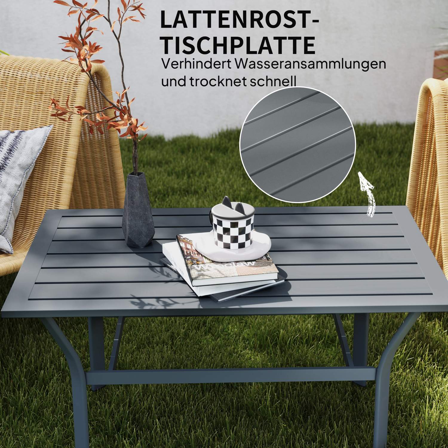 Mörkgrå metall utomhusbord, väderbeständig och lättskött