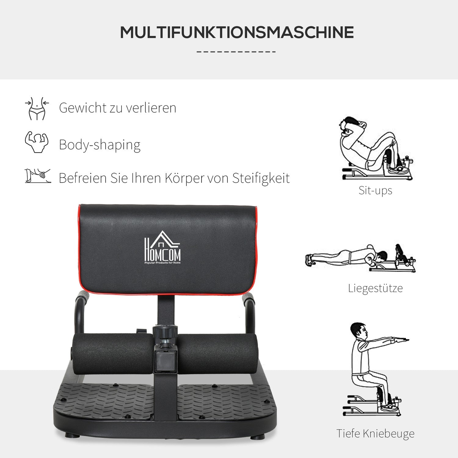 Justerbar 3-i-1 Sissy Squat & Leg Trainer, stål, svart